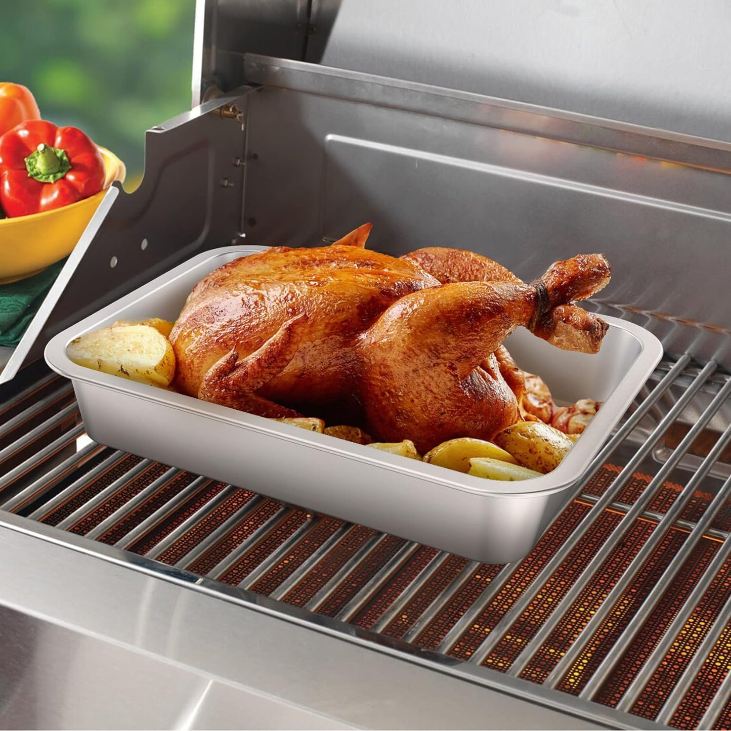 only fire Stainless Steel Baking Pan Roaster Ovens Cookie Sheet Barbeque Grilling Pan for Baking Breads, Grilling Chicken, Vegetables, Easy to Clean & Dishwasher Safe