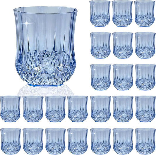 24 PCS Blue Stemless Wine Glasses，Plastic Reusable Cups 9OZ Vintage Drinking Glasses Tumblers for Whisky, Beer, Juice, Beverages, Cocktai