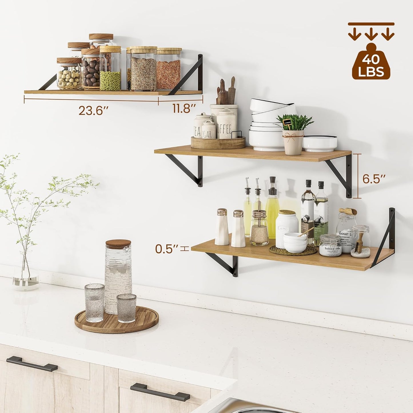 Heimlove 24" W x 12" D Wall Shelves for Books, 12 Inch Deep Floating Shelves Set of 3, Wide Floating Bookshelf with Metal Bracket for Living Room, Kitchen, Office, Bedroom and Decor Storage - Oak