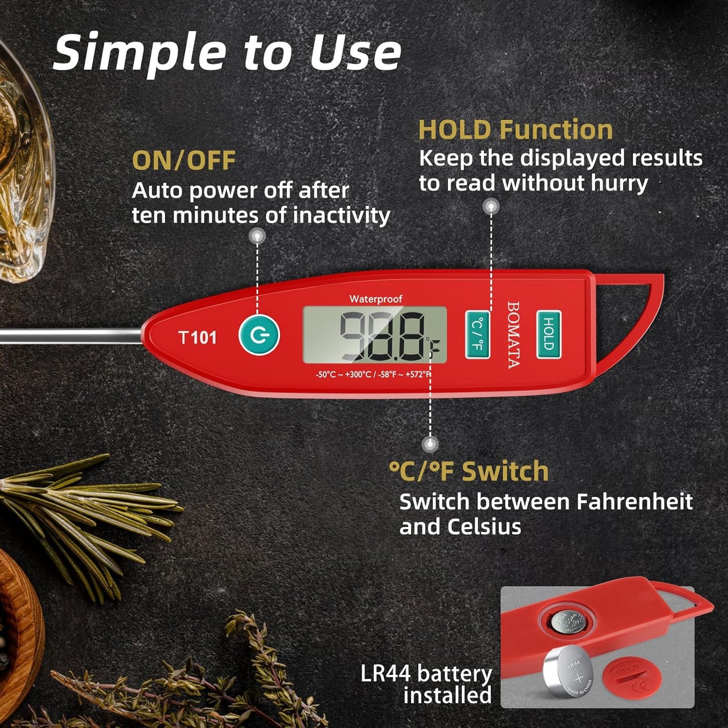 BOMATA Waterproof IPX7 Thermometer for Water, Liquid, Candle and Cooking. Instant Read Food Thermometer with Long Probe for Cooking, Meat, BBQ! T101 (Red Color)………