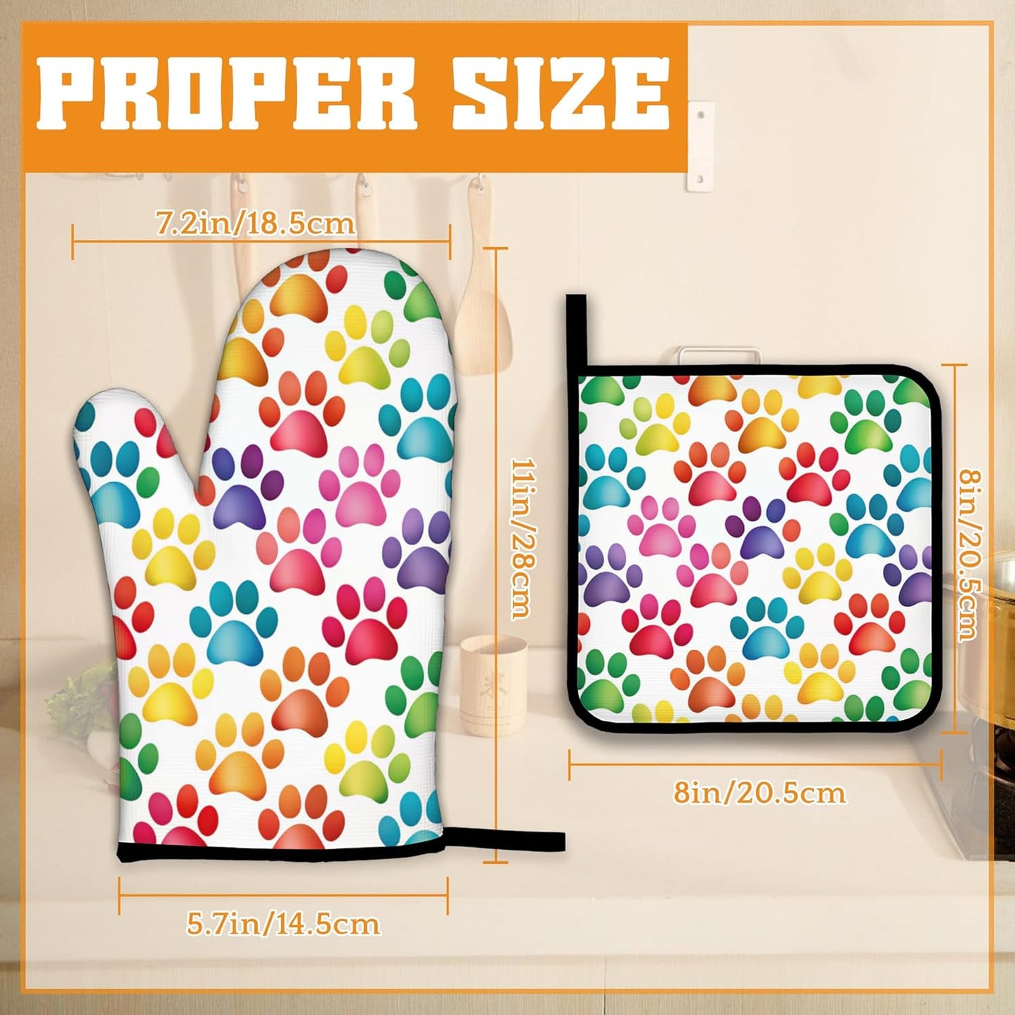 Cat Dog Paw Oven Mitts and Pot Holders Set,Rainbow Kitchen Decor Heat Resistant Non Slip Hot Pads and Oven Mitt for Chef Cooking Baking BBQ Mom Girl Gifts(4 Piece Set)