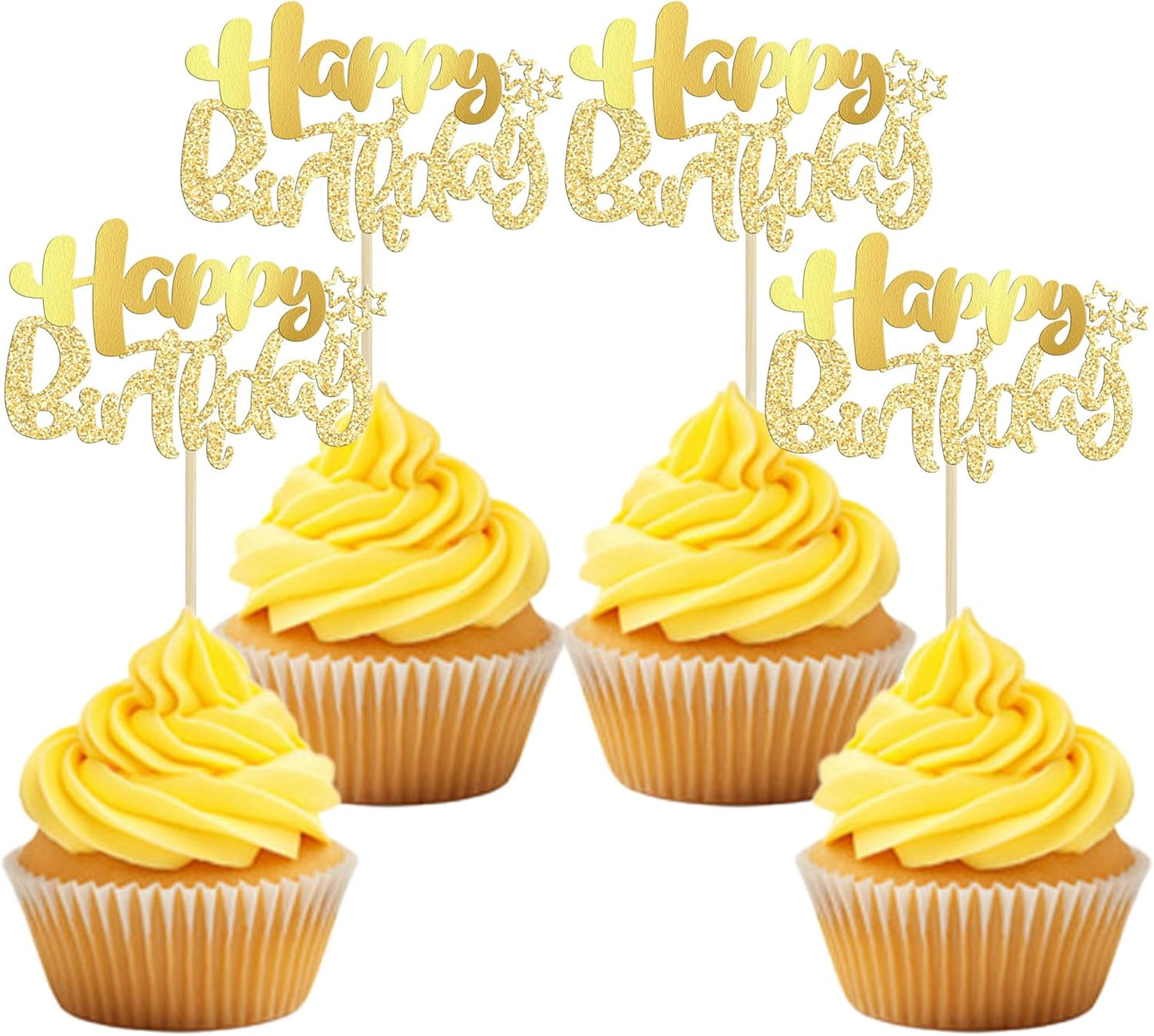 Ephlyn 24Pcs Gold Metallic Happy Birthday Cupcake Toppers for Birthday, Baby Shower & Anniversary Parties