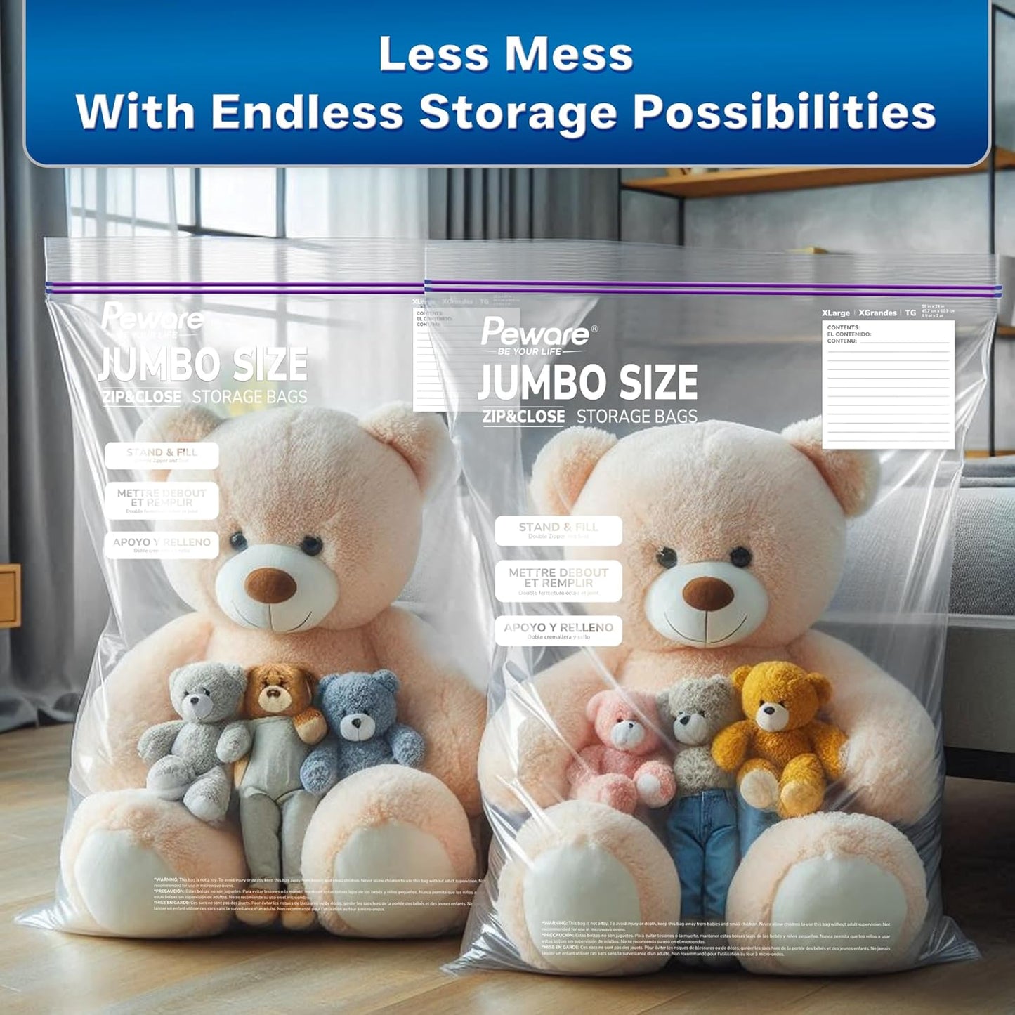 Large Storage Bags, 24"x32" Jumbo Plastic Bag, BPA Free, 20 Gallon 3X Zipper Lock Baggies for Clothes Pillow Travel Moving - 100 Mega Bags