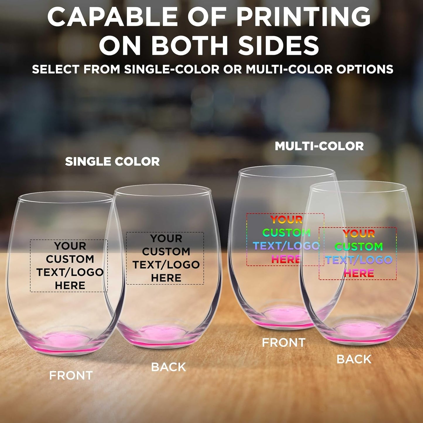 Custom Stemless Wine Glasses in Bulk by ARC Perfection, 15 oz, 100 pack, Personalized Text, Logo, Red or White Wine Glass Set, Pink