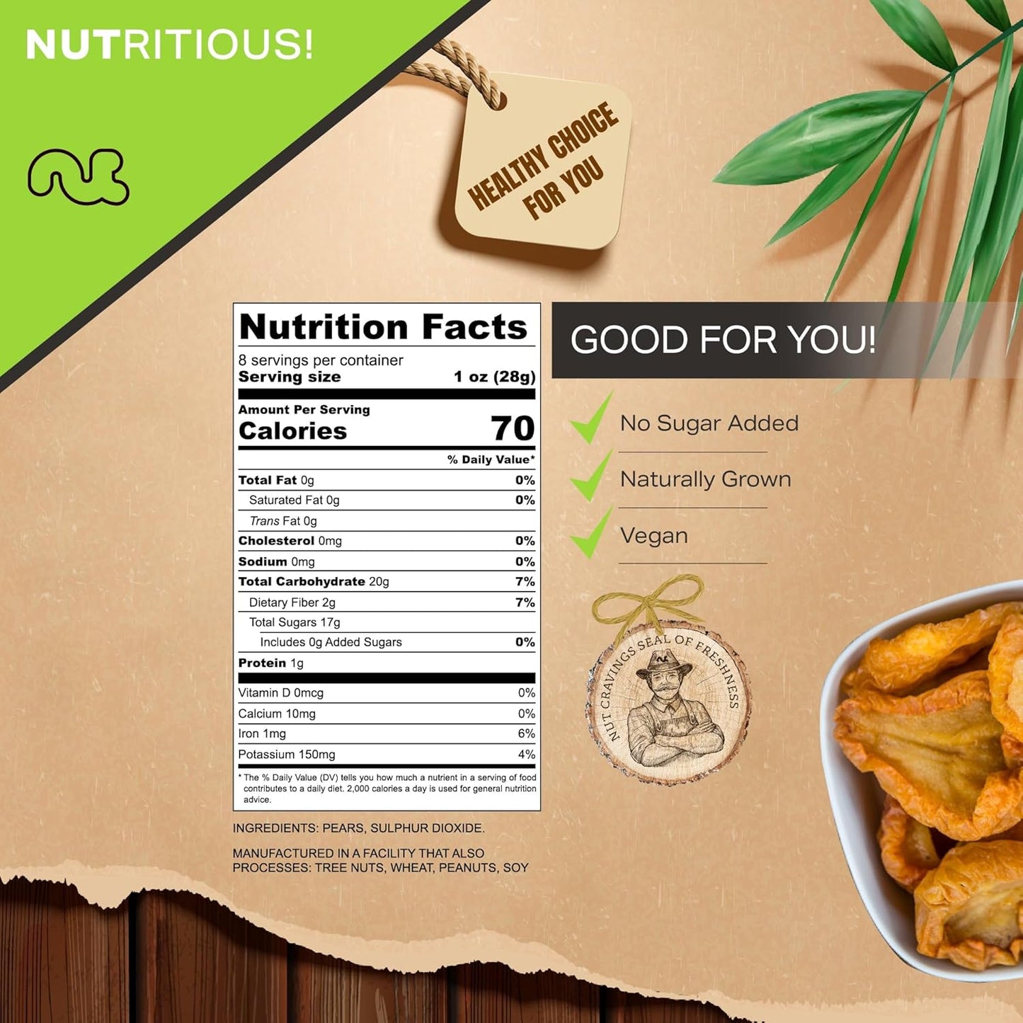 NUT CRAVINGS - Sun Dried California Pears, No Sugar Added (8oz, 1 Pack) Bulk Dry Fruits Packed Fresh in Resealable Bag - Sweet Healthy Snack, Naturally Grown, Vegan, Kosher