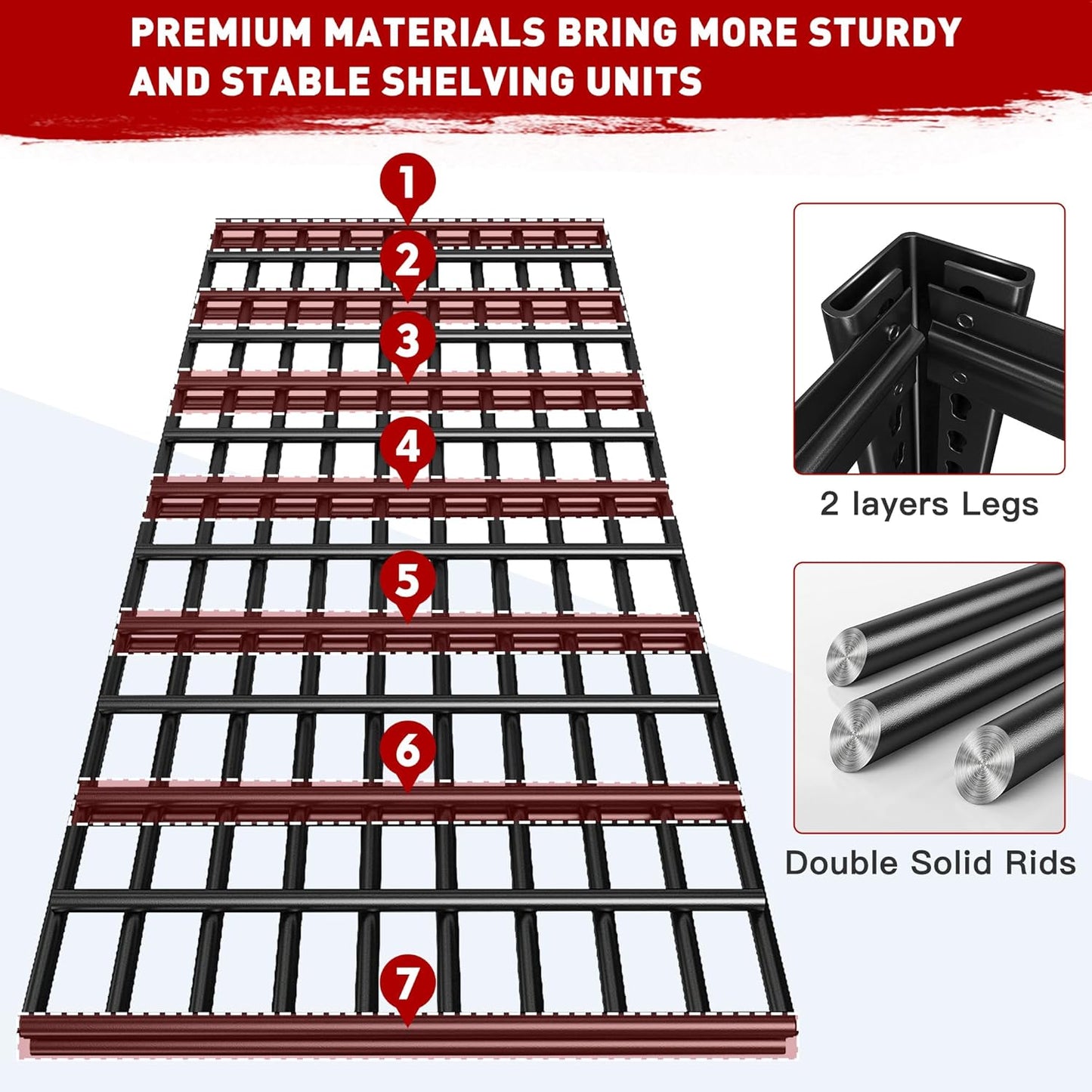 REIBII Garage Shelving, 48.2'' W Metal Shelving, 3010LBS Storage Shelves Heavy Duty, 5 Tier Adjustable Heavy Duty Shelving Unit for Warehouse, Garage, Basement, 48.2" W x 24.1" D x 72" H