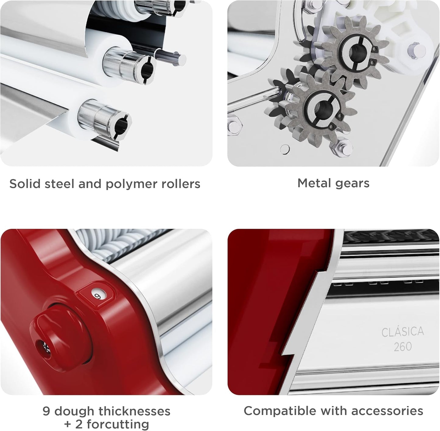 PASTALINDA Classic 260 Pasta Maker Machine, 26 cm Wide Rollers, 9 Thickness Positions, 2 Cutting Positions, Stainless Steel. Includes Reinforced Hand Crank And Two Clamps (Bordeaux)