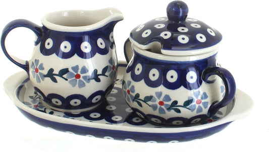 Blue Rose Polish Pottery Blue Violet Sugar & Creamer with Tray