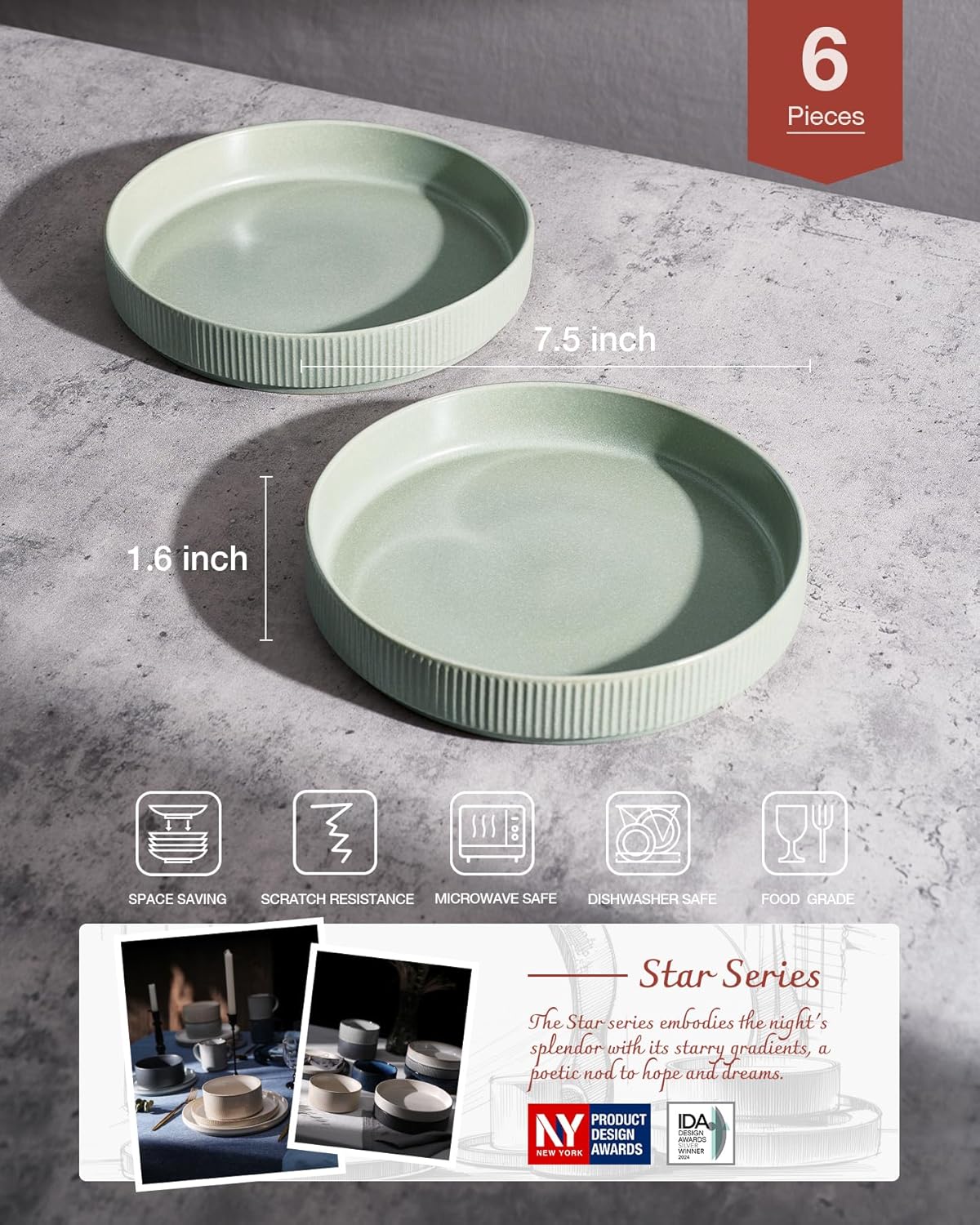 famiware Star 7.5" Pasta Bowls Set, Salad Bowl Set of 6, Double Reactive Glaze, Stackable, Perfect for Your Friend for Housewarming, Thanksgiving, Christmas, Light Green