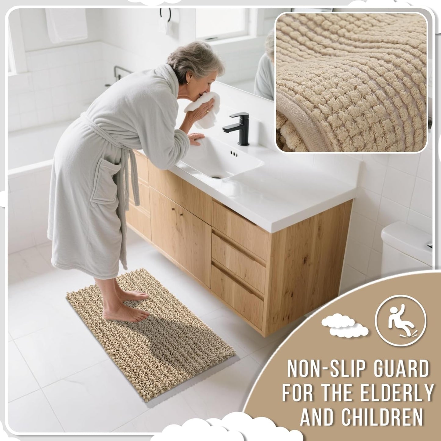 Yimobra Large Bathroom Rugs Non Slip Washable 36x24 Inch - Ultra Soft Absorbent Chenille Bath Mat, Quick Dry Shaggy Floor Carpet for Tub Shower, Pale Khaki Home Decor Accessories