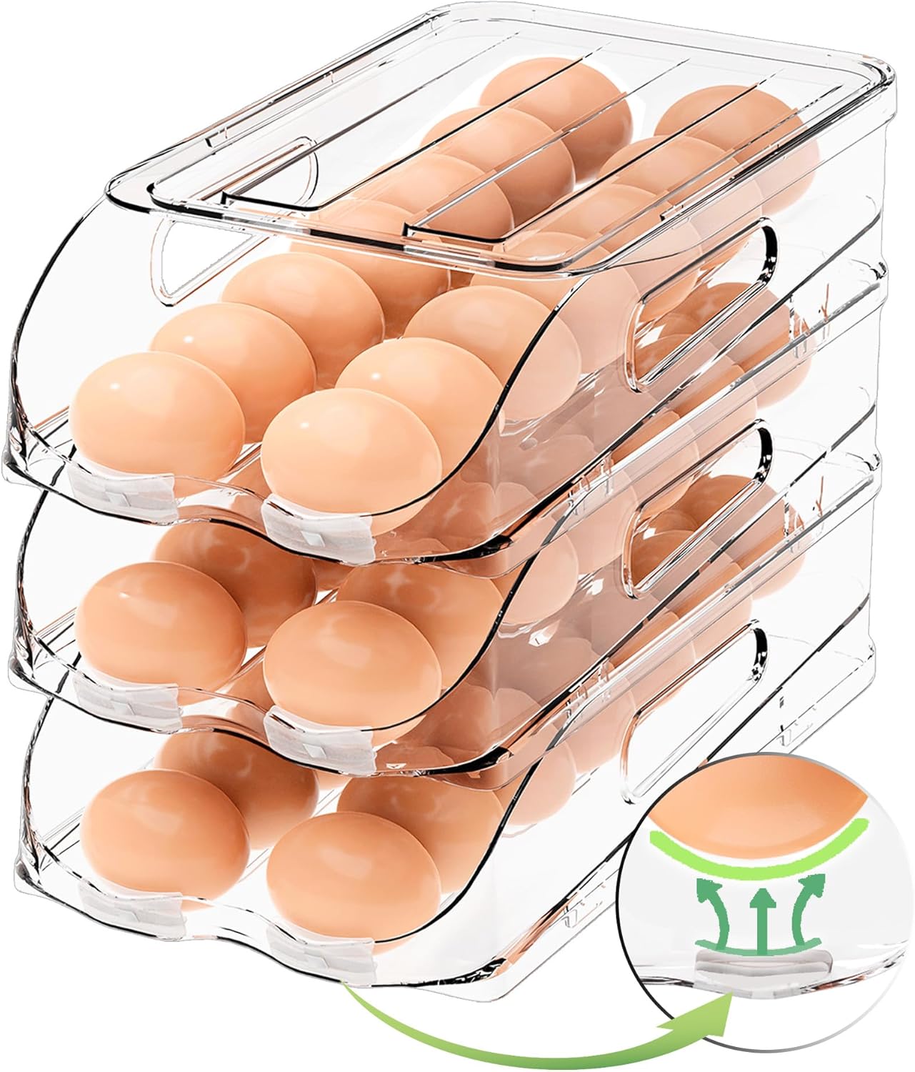 Egg Holder for Fridge, Automatic Steady Rolling Egg Container with Soft Bumpers & Handle for Refrigerator, Stackable Fridge Organizers and Storage with Lid