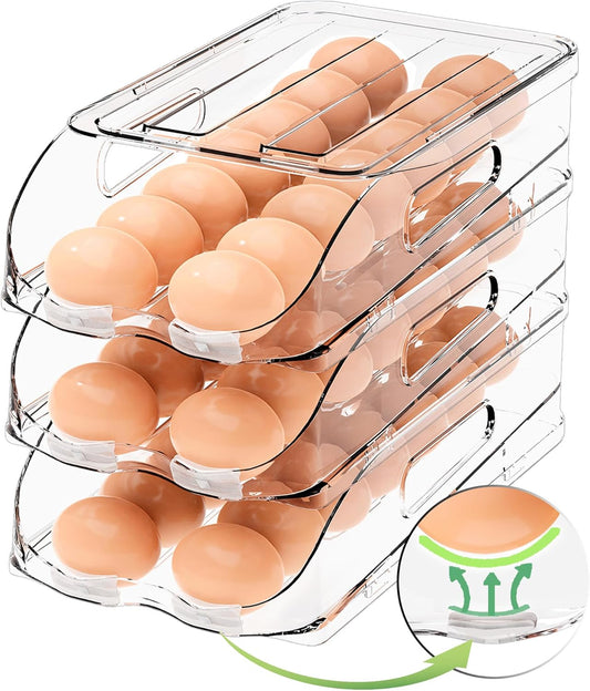 Egg Holder for Fridge, Automatic Steady Rolling Egg Container with Soft Bumpers & Handle for Refrigerator, Stackable Fridge Organizers and Storage with Lid
