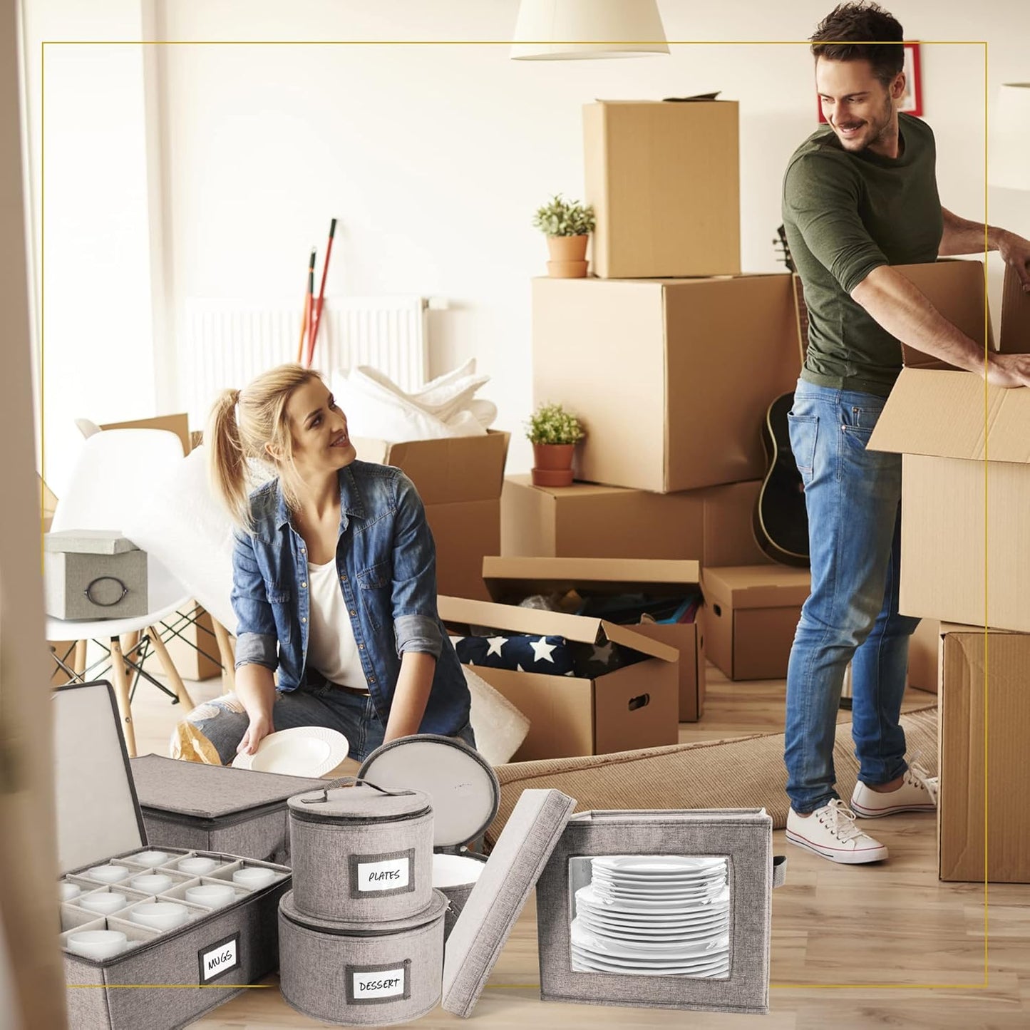 HOMELUX THEORY Hard Shell China Storage Containers for Dishes, 2pcs 12"x8" Plate Storage, Square Storage Containers with Lid, Heavy Duty Fine China Dish and Dinnerware Storage with 30 Felt Pads