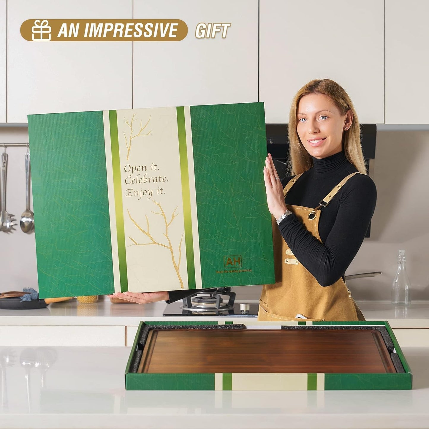 AZRHOM XXL Large Walnut Wood Cutting Board for Kitchen 24x18 (Gift Box) with Juice Groove Handles Non-slip Mats Thick Reversible Butcher Block Chopping Board