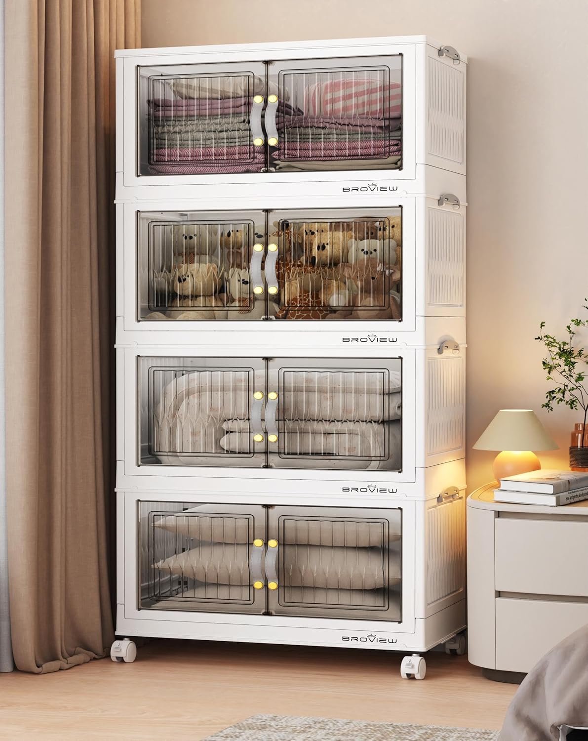 240Qt Stackable Storage Bins with Lid, Extra Large Closet Organizer Collapsible Drawer Boxes with Wheels, Folding Plastic Cabinet Containers for Home Kitchen Room Organization, 4Pack White