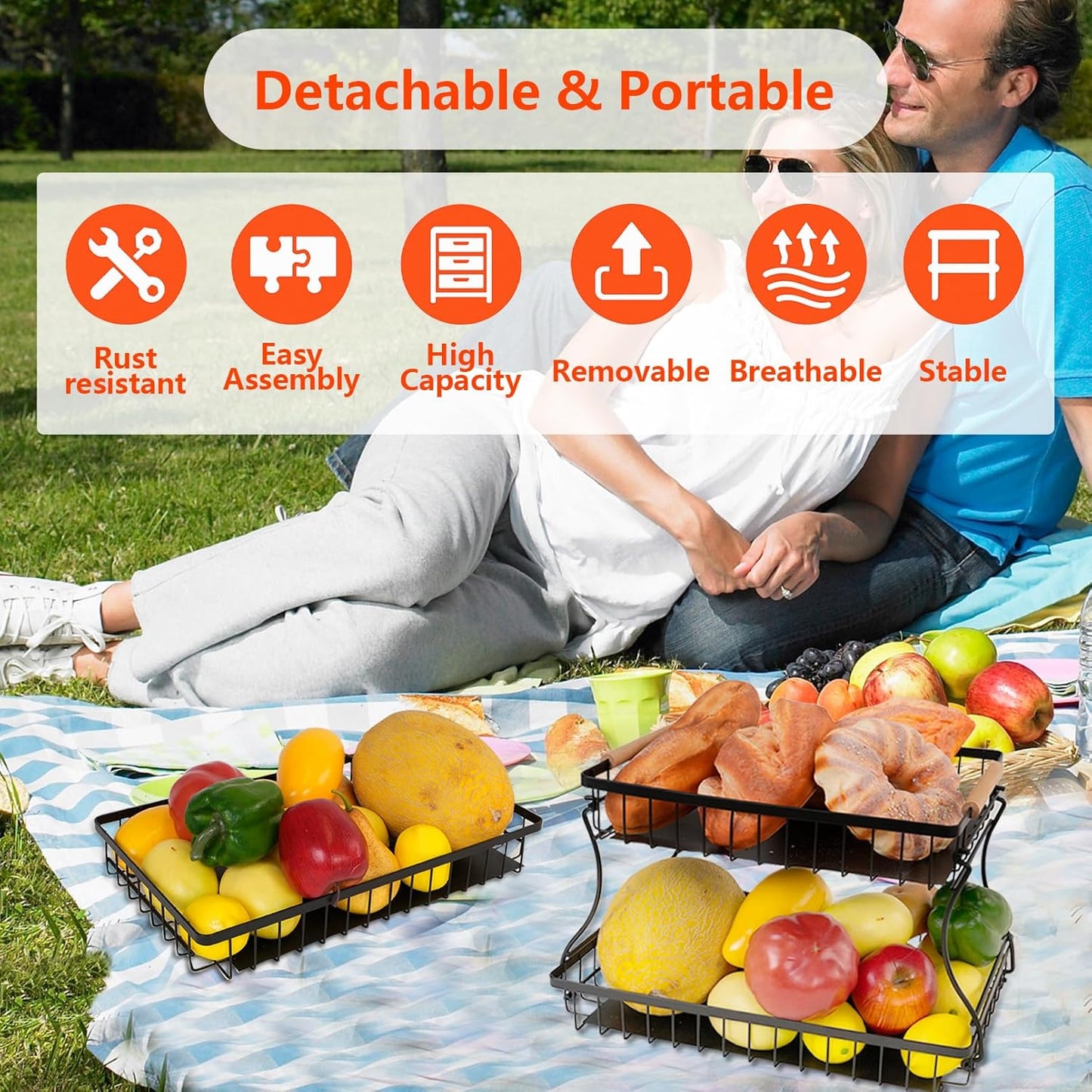 2 Tier Countertop Fruit Basket with 2 Protective Mats for Kitchen, Detachable Metal Organizer for Bread Vegetable Fruits with Wooden Handle, Large Capacity Rectangular Storage Stand Bowls, Black