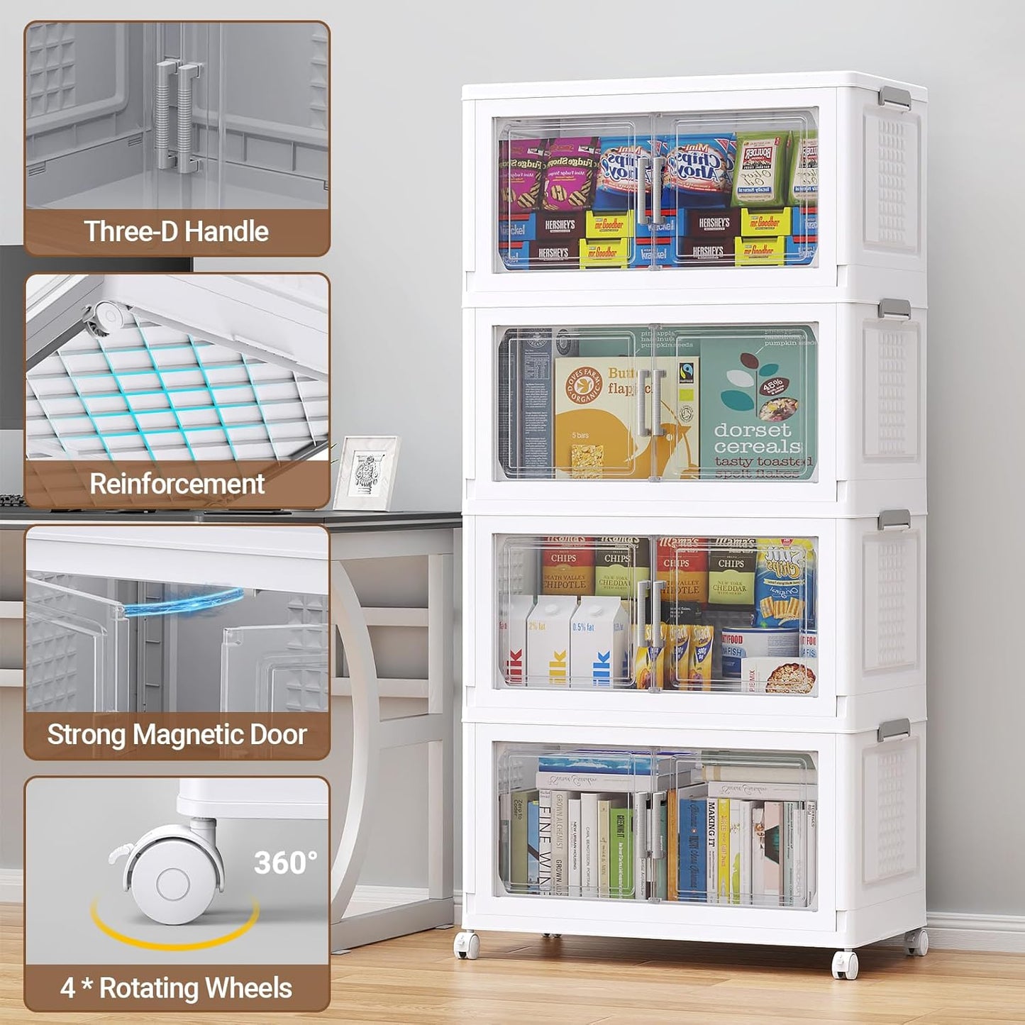 55" H 116Gal Plastic Storage Bins with Lid & Wheels,4Pack Large Stackable Storage Bins with Doors,Closet Organizers and Storage Cabinet Shelves Collapsible Box for Home Kitchen,White