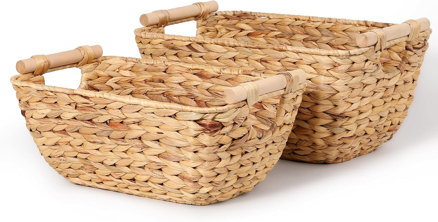 Large Wicker Storage Baskets with Wooden Handles, Woven Water Hyacinth Storage Organizers for Throw Blankets, Bedroom, Living Room, Laundry，2-Pack