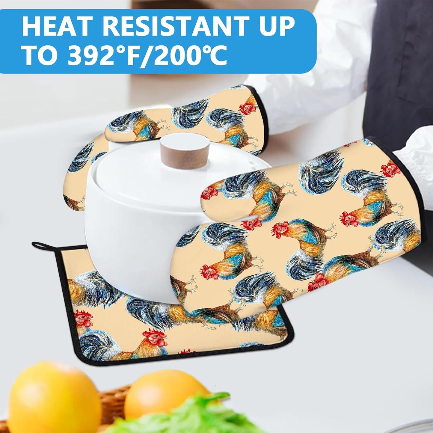 Watercolor Rooster Oven Mitts and Pot Holders Sets Heat Resistant 4Pcs Potholders Oven Gloves Hot Pads for Kitchen Baking Cooking Grilling BBQ