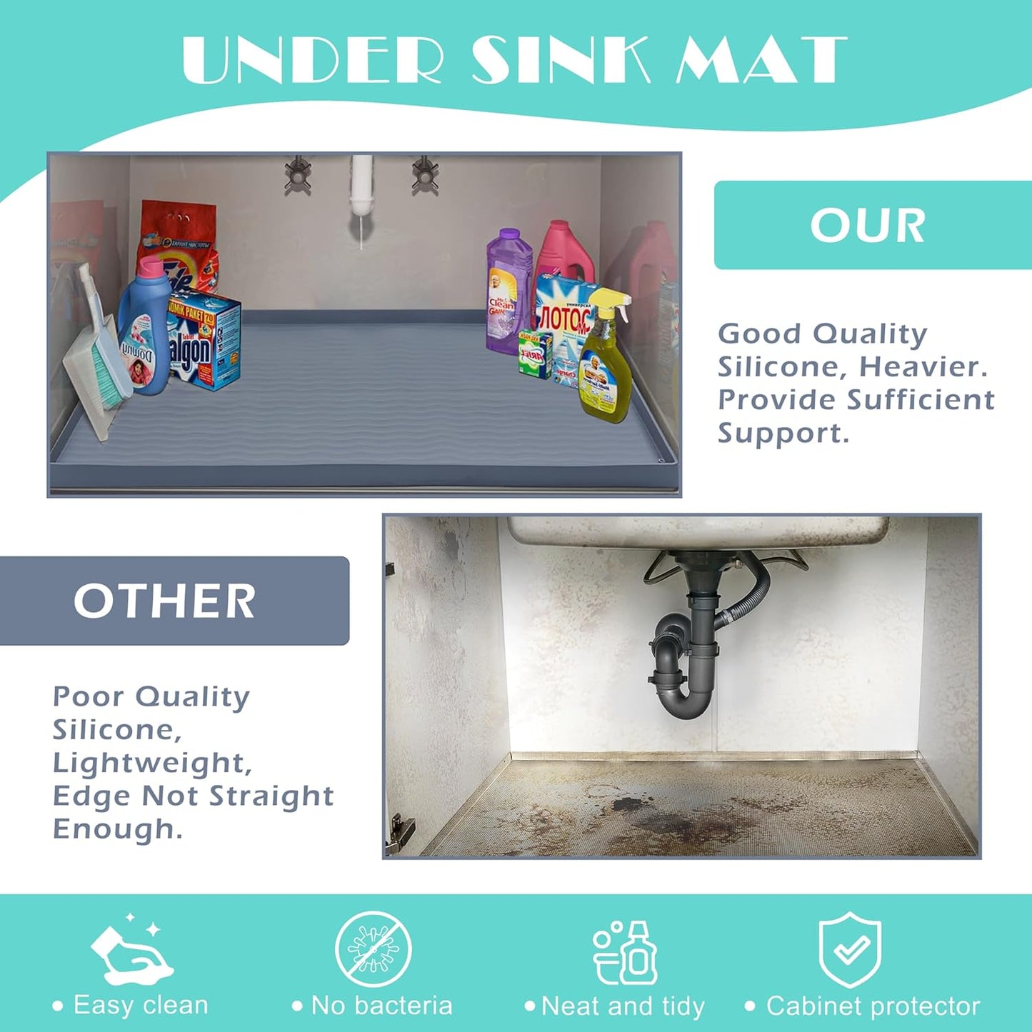 URMONA Waterproof Silicone Under Sink Mat 22'' x 22'' Shelf Liner for Kitchen and Bathroom, Cabinet and Counter Protector, Storage and Organizers, Litter Mat, Pet Cat Puppy Essentials(Black)