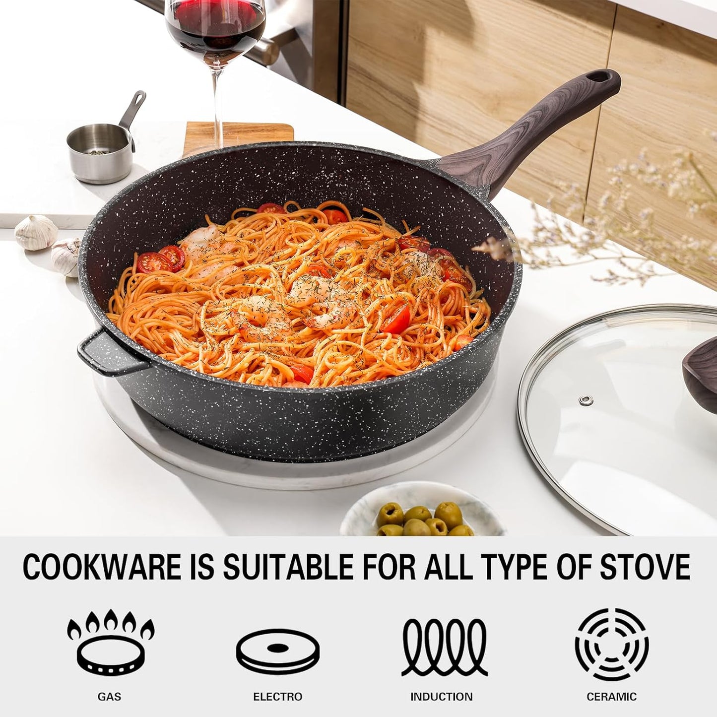 Nonstick Deep Frying Pan with Lid, 11 Inch Non Stick Skillet, Saute Pan for Cooking, Healthy Induction Cookware, PFOA Free