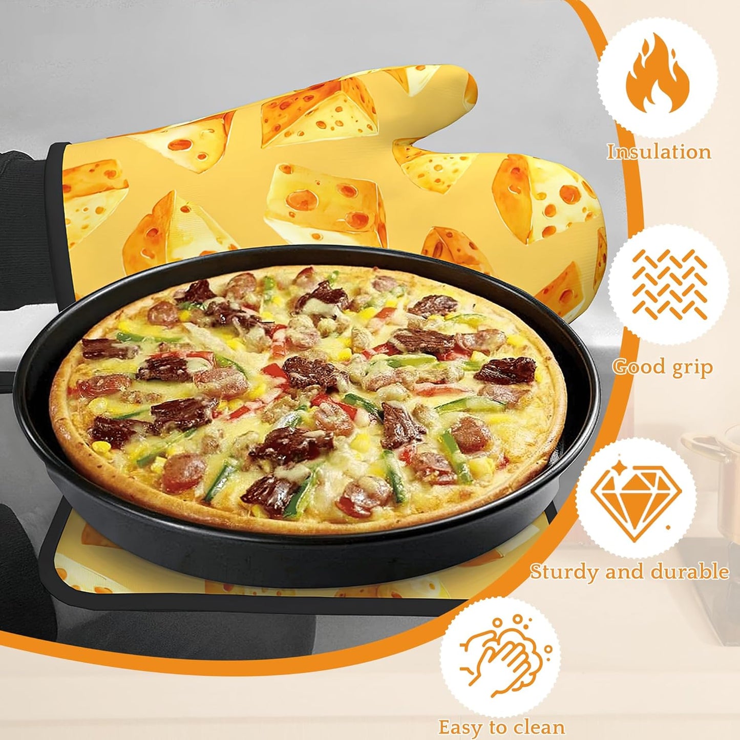 Cute Cheese Oven Mitts and Pot Holders Set,Kitchen Oven Gloves and Pot Holder with Heat Resistant Non Slip for Cooking Baking Grilling(4 Piece Set)