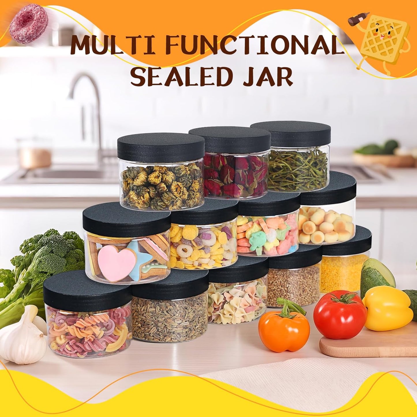 72pcs 4 oz Plastic Containers with Lids Labels Leak Proof BPA Free Airtight Refillable Clear Small Containers Storage Jars for Storing Dry Food Slime Honey Jam,black