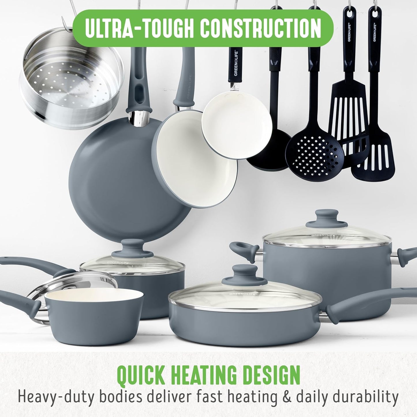 GreenLife 16 Piece Nonstick Cookware Set, Soft Grip Non-Toxic PFAS-Free Ceramic Pots & Pans, Dishwasher & Oven Safe, Frying, Sauce, Saute, Utensils, Glass Lids, Stay-Cool Handles, Wobble Free, Gray