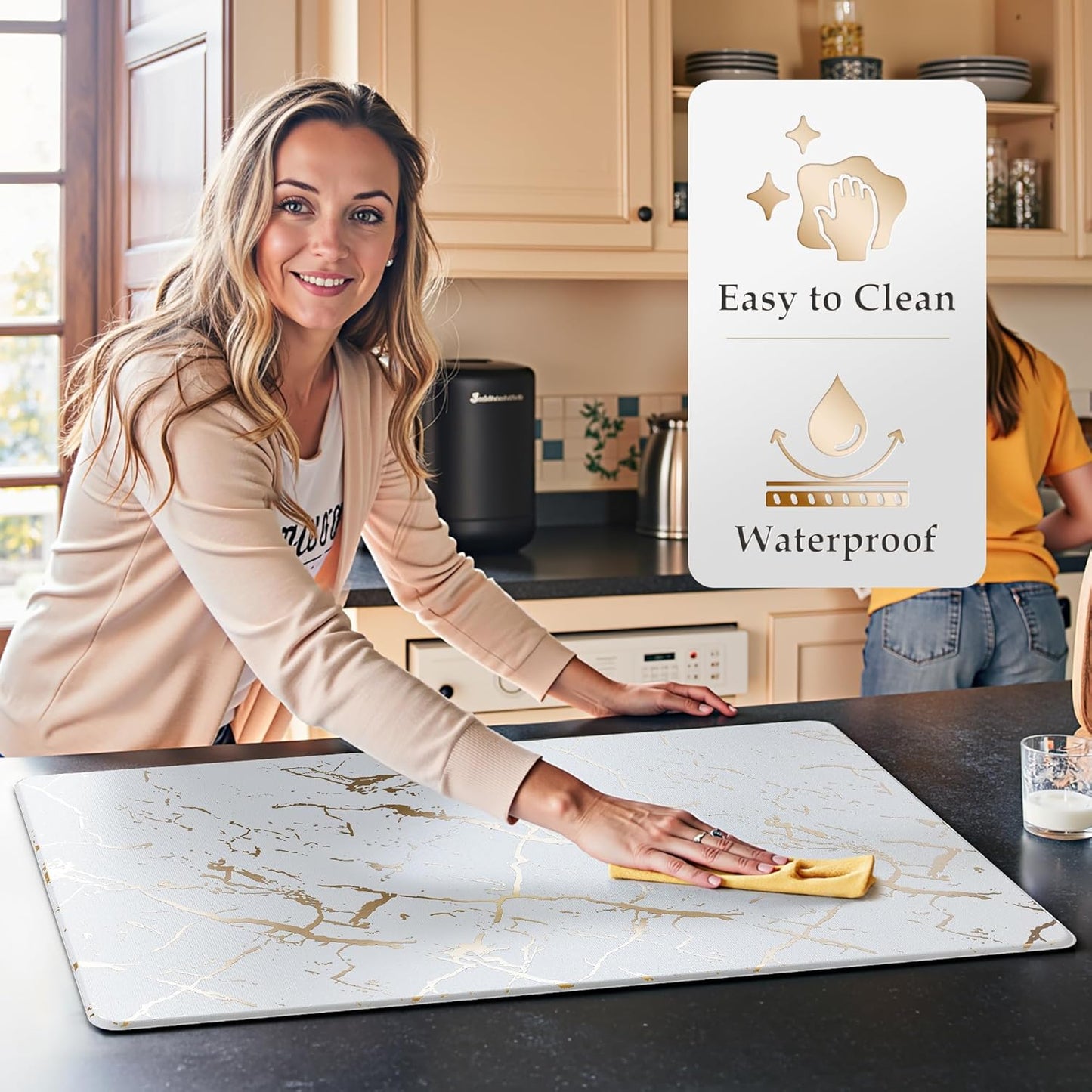 Gold Foil Stamped Marble Kitchen Mats for Floor 2PCS Cushioned Anti Fatigue Non Slip Waterproof Comfort Leather Kitchen Rugs 2/5 Inch PVC Kitchen Mats for Sink, Laundry, 17.3"x28"+17.3"x47",White