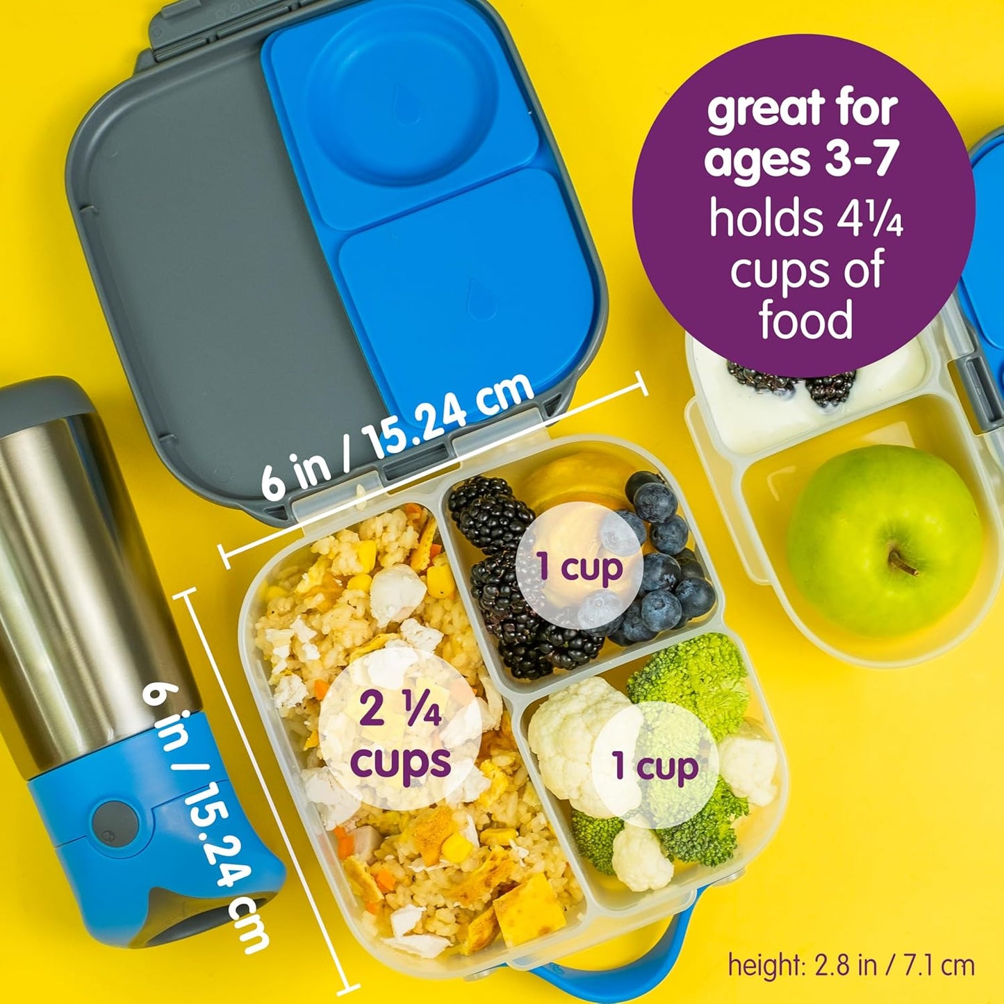 b.box Mini Lunch Box, Bento Box for Kids, Snack Container with 2 Leak Proof Compartments, Reusable Snack Containers with Lids, Kids Lunch Boxes Ages 3+, BPA Free, 4 1/4 Cup Capacity (Graphite)