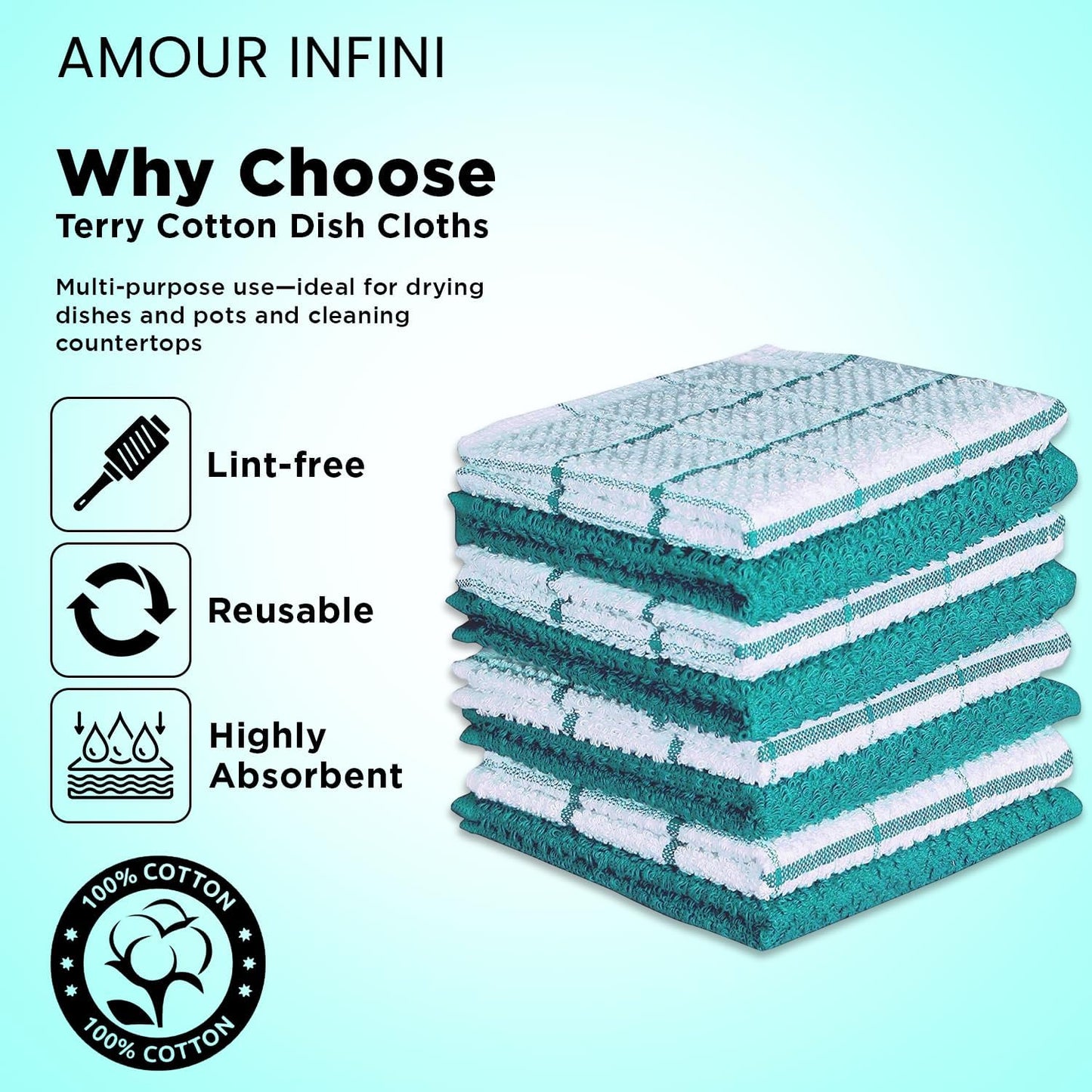AMOUR INFINI Cotton Kitchen Dish Cloths Set of 8 – Highly Absorbent, Super Soft Premium Terry Cleaning Cloth (12"x12" Inch) Premium Dishcloths for Washing Dishes (Turquoise)