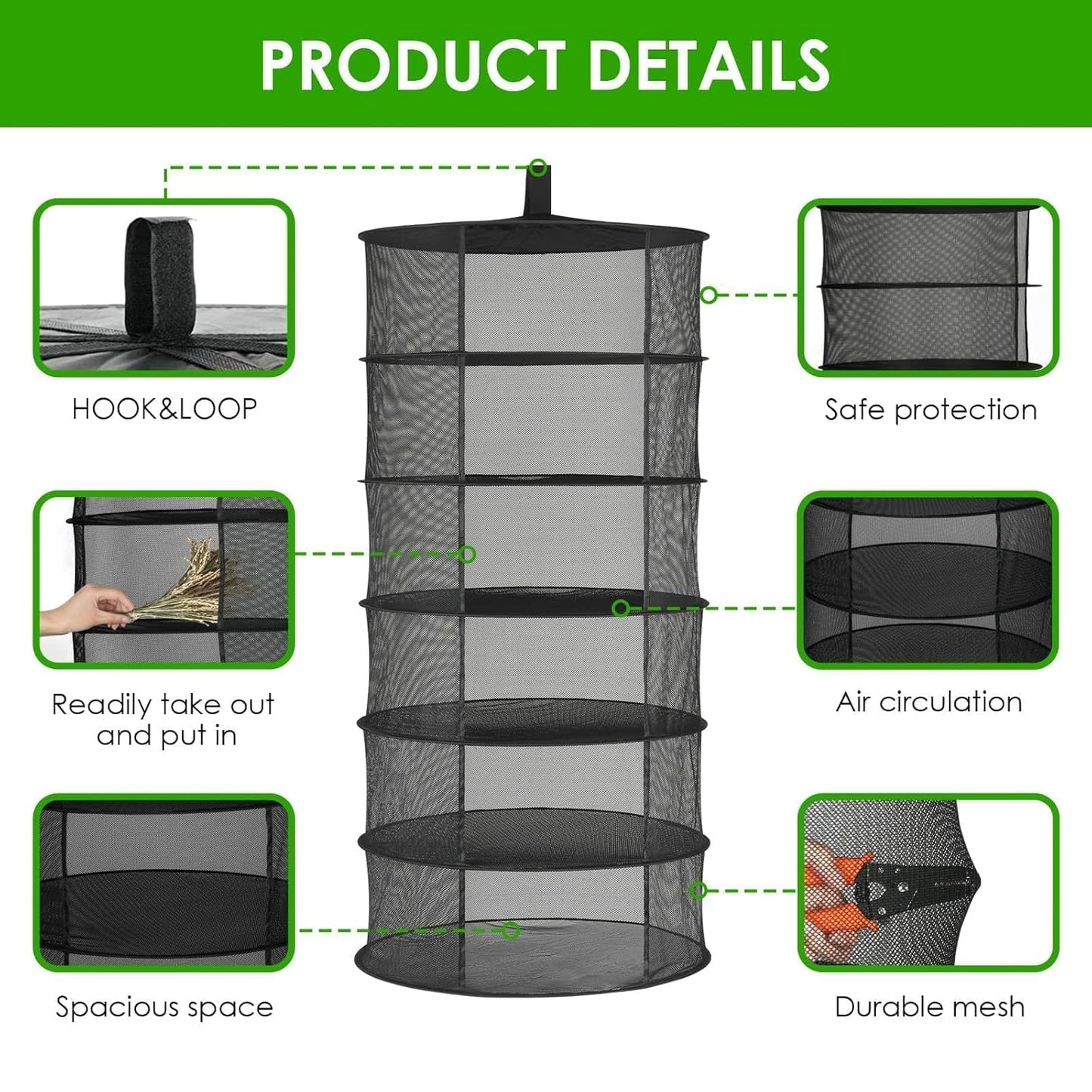 Simple Deluxe 6 Layer 24'' Herb Drying Rack with Hook, Opendoor Design Hanging Dry Mesh Folding Basket Dryer for Clothes, Herbs