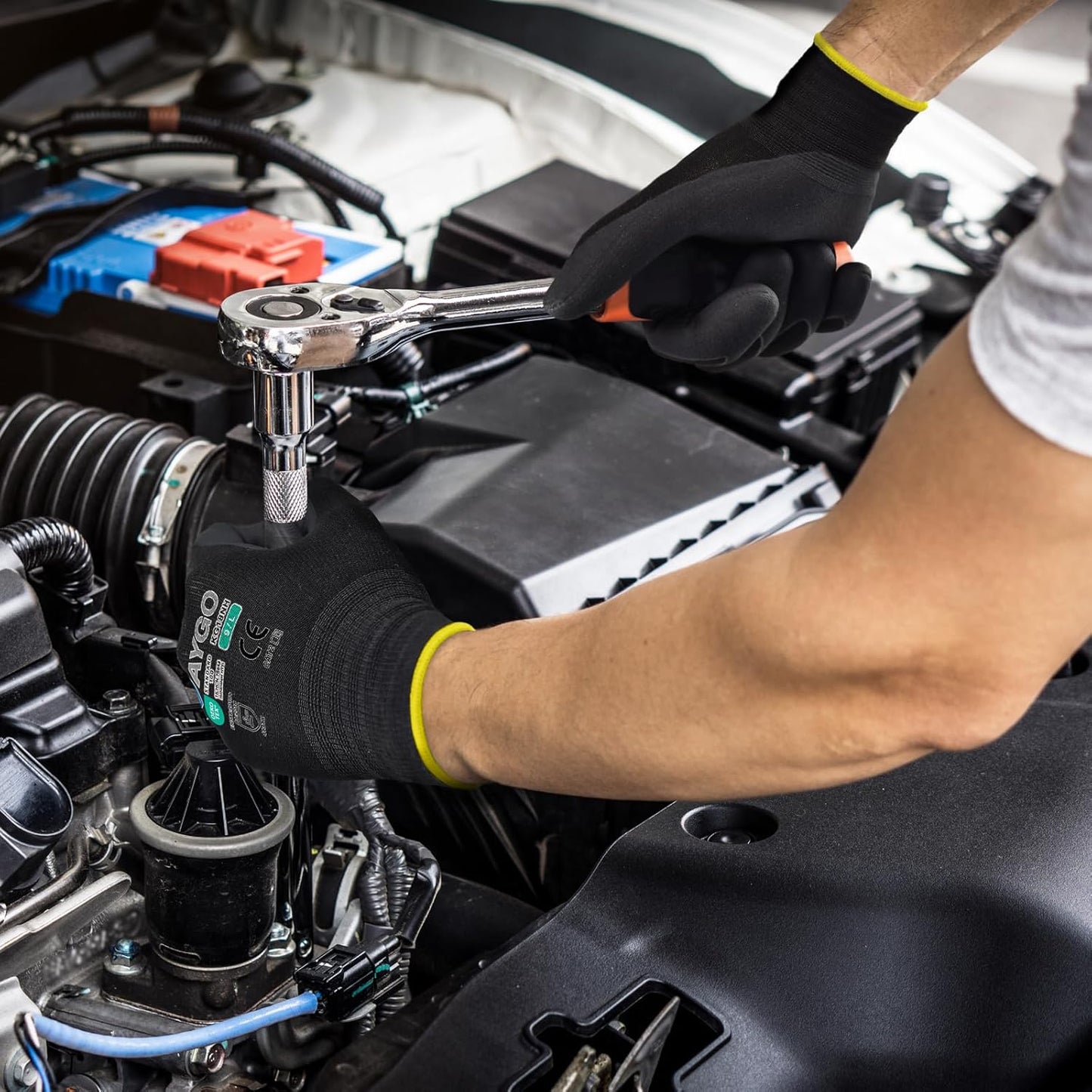 KAYGO Safety Work Gloves MicroFoam Nitrile Coated, 12 Pairs KG18NB,Seamless Knit Nylon Glove with full fingers Touchscreen, Ideal for Automotive,Warehouse,Construction (2XL, Black)