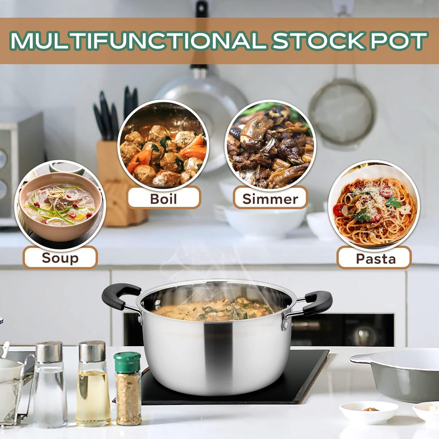 LIANYU 6QT Stock Pot with Lid, Stainless Steel Soup Pasta Pot for Home Kitchen Restaurant, Stockpot for Strew Simmer Boiling, Heat-proof Handle, Dishwasher Safe