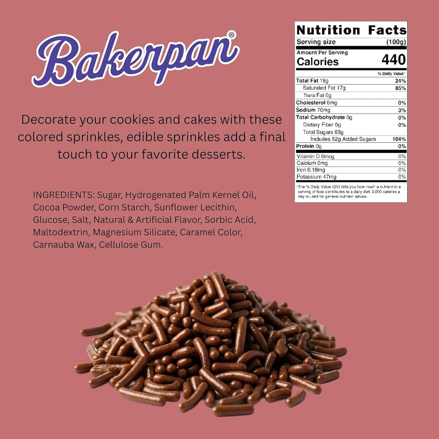 Bakerpan Chocolate Sprinkles for Cake Decorating - 2 Bottles of 4.3 Ounces Chocolate Jimmies Sprinkles for Ice Cream, Baking, Cupcakes, Cookies (Made in USA)
