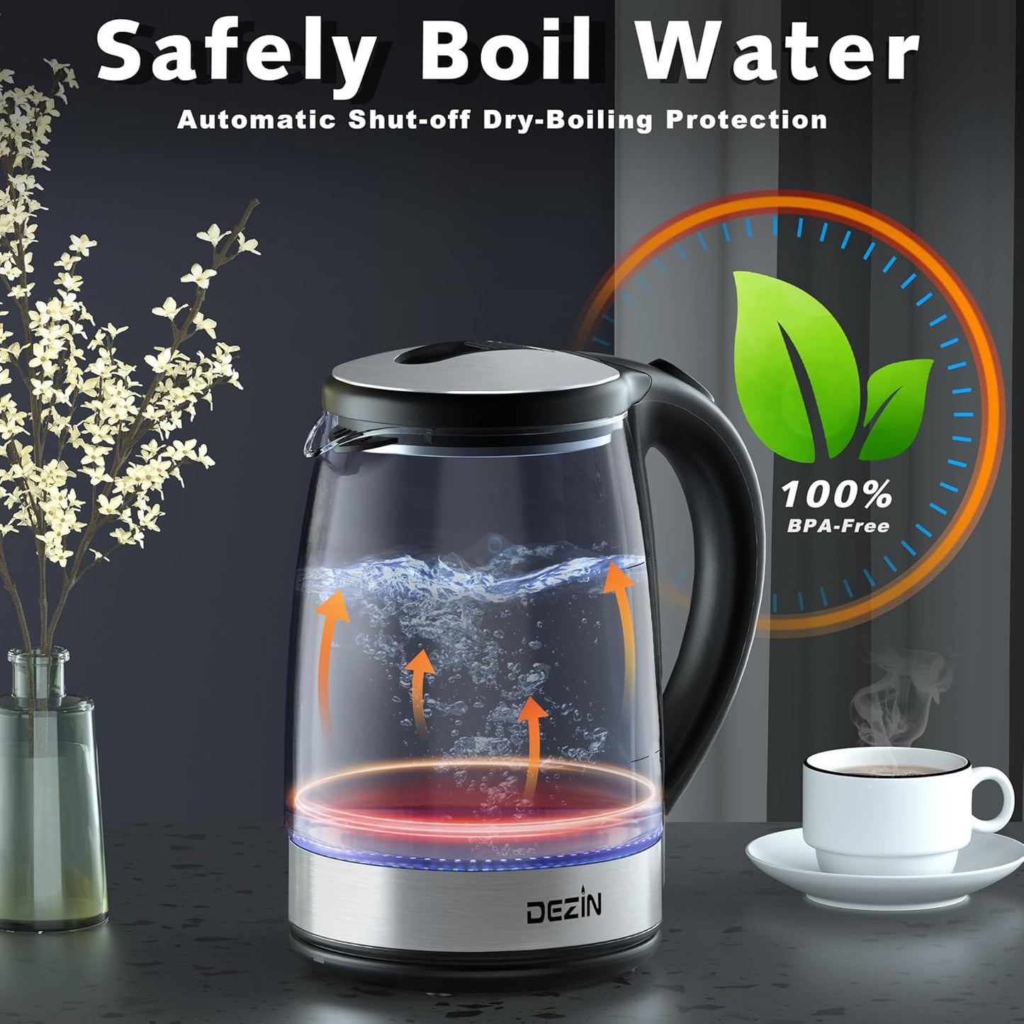 Dezin Electric Kettle, BPA-Free 2L Electric Water Heater, Glass Electric Tea Kettle, 304 Stainless Steel Hot Water Kettle Warmer with Fast Boil, Auto Shut-Off & Boil Dry Protection, for Coffee, Tea