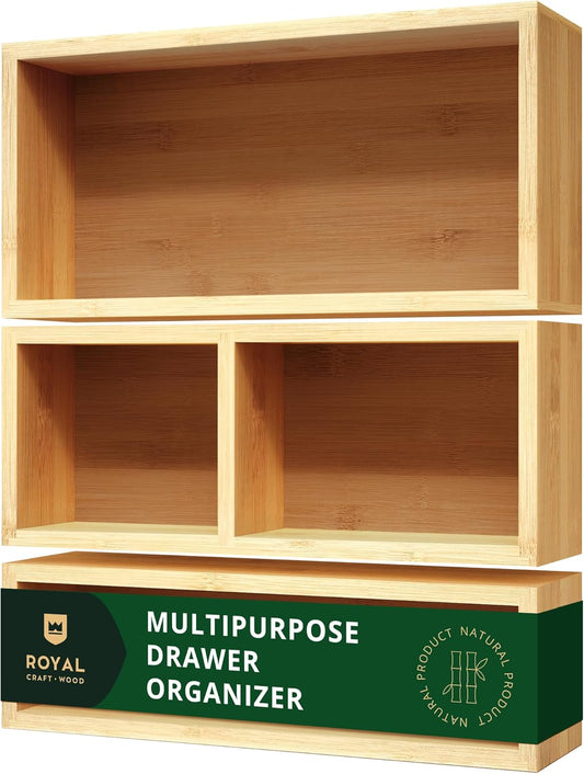 ROYAL CRAFT WOOD Luxury Bamboo Drawer Organizer Storage Box, Bin Set - Multi-Use Drawer Organizer for Kitchen, Bathroom, Office Desk, Makeup, Jewelry (3 Boxes)