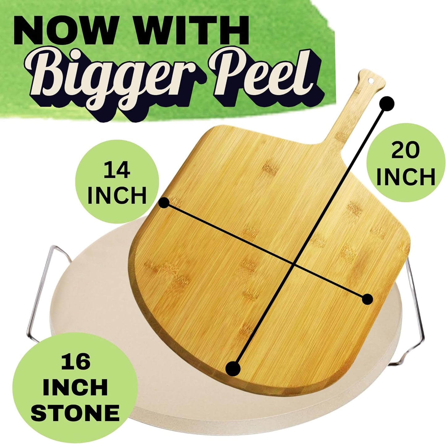 Large Pizza Stone for Oven 16 inch - Round Pizza Stone for Grill with Handles, Wood Pizza Peel and Cutter Set - Baking Stone for Bread - Pizza Making Kit Accessories - Gifts for Food Lovers