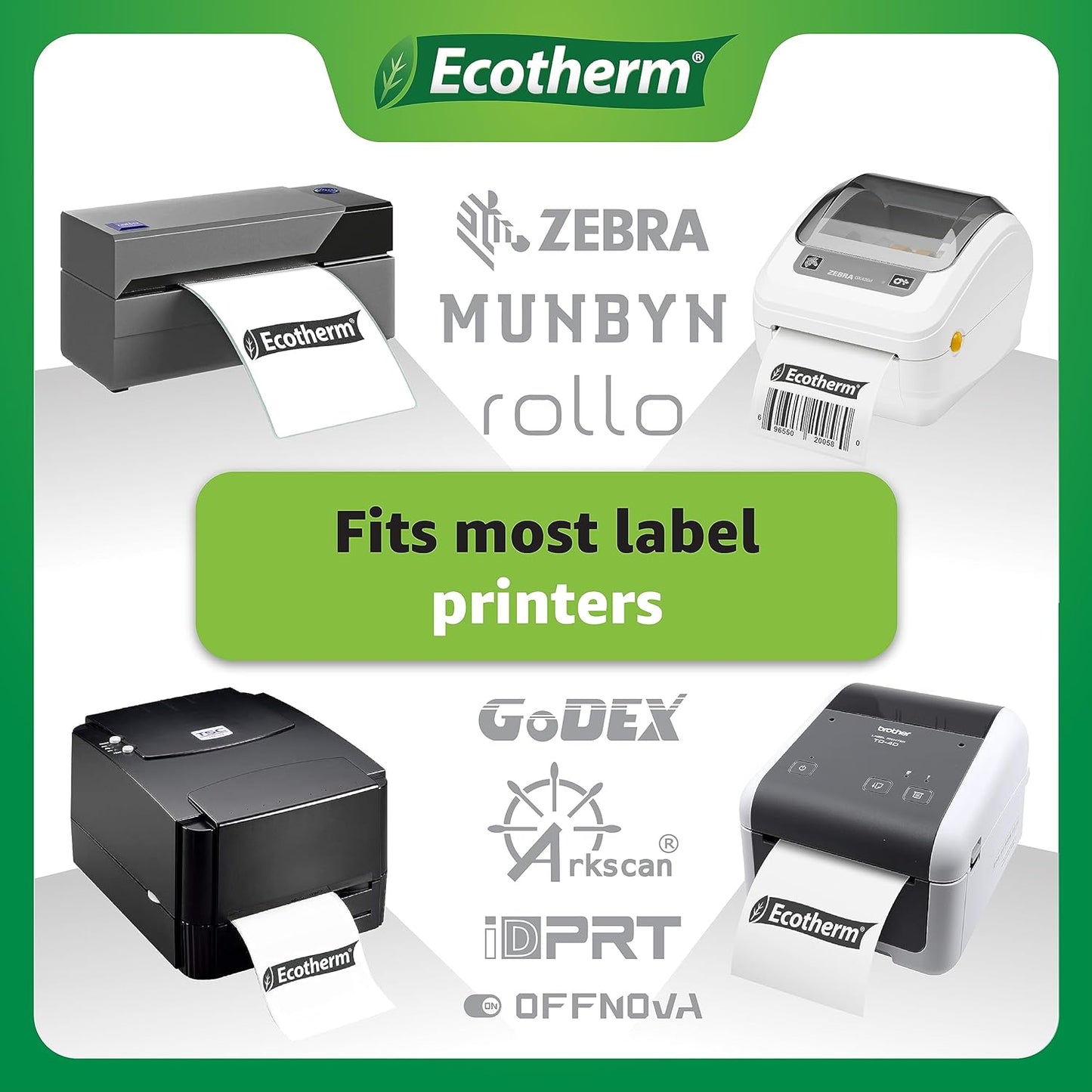 2.25" x 4" Thermal Labels | 4 Rolls | 1440 Labels | fits Zebra, Munbyn, Rollo, Godex, Arkscan, iDPRT, Offnova Thermal Label Printers and More | Blank White Adhesive Stickers by Ecotherm