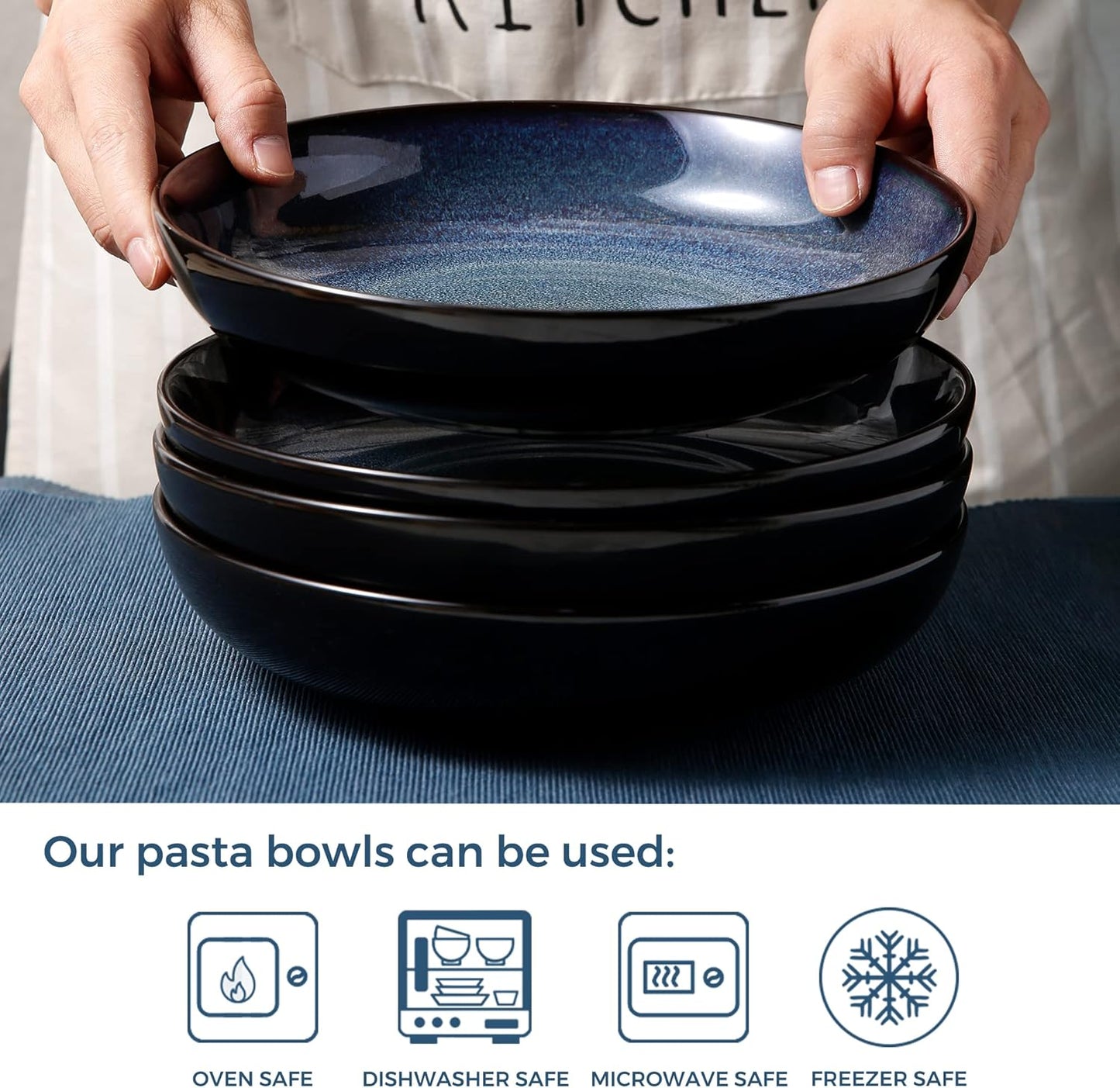 LERATIO Pasta Bowls,Ceramic 38oz Pasta Bowls,9.0" Reactive Glaze Pasta Bowl Set of 4,Microwave & Dishwasher,Oven Safe,Large Wide Serving Bowls for Salad, Dessert,Pizza,Fruit -Blue