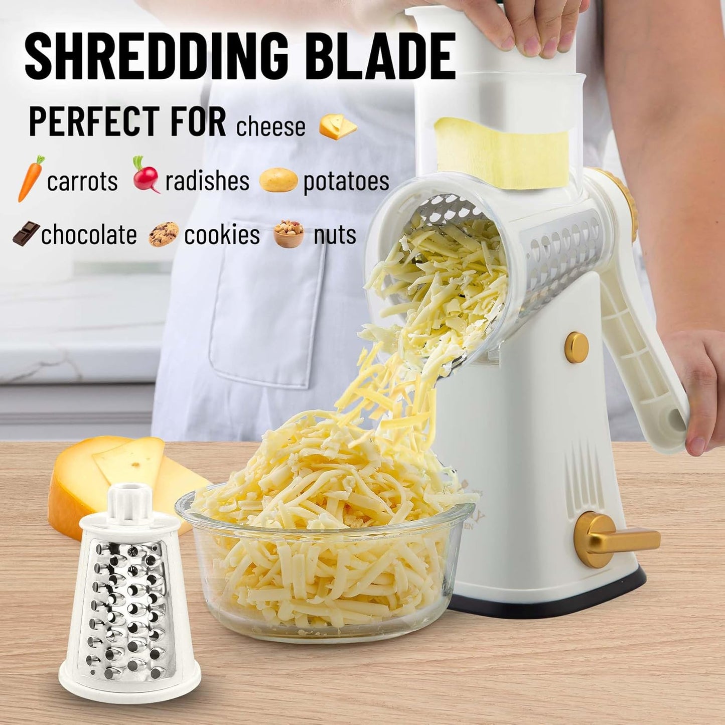 Zulay Kitchen Rotary Cheese Grater 5 Blade Cheese Shredder - Manual Hand Crank Cheese Grater With Reinforced Suction & 5 Interchangeable Drums - Easy to Use, Vegetable Chopper Round Mandoline Slicer