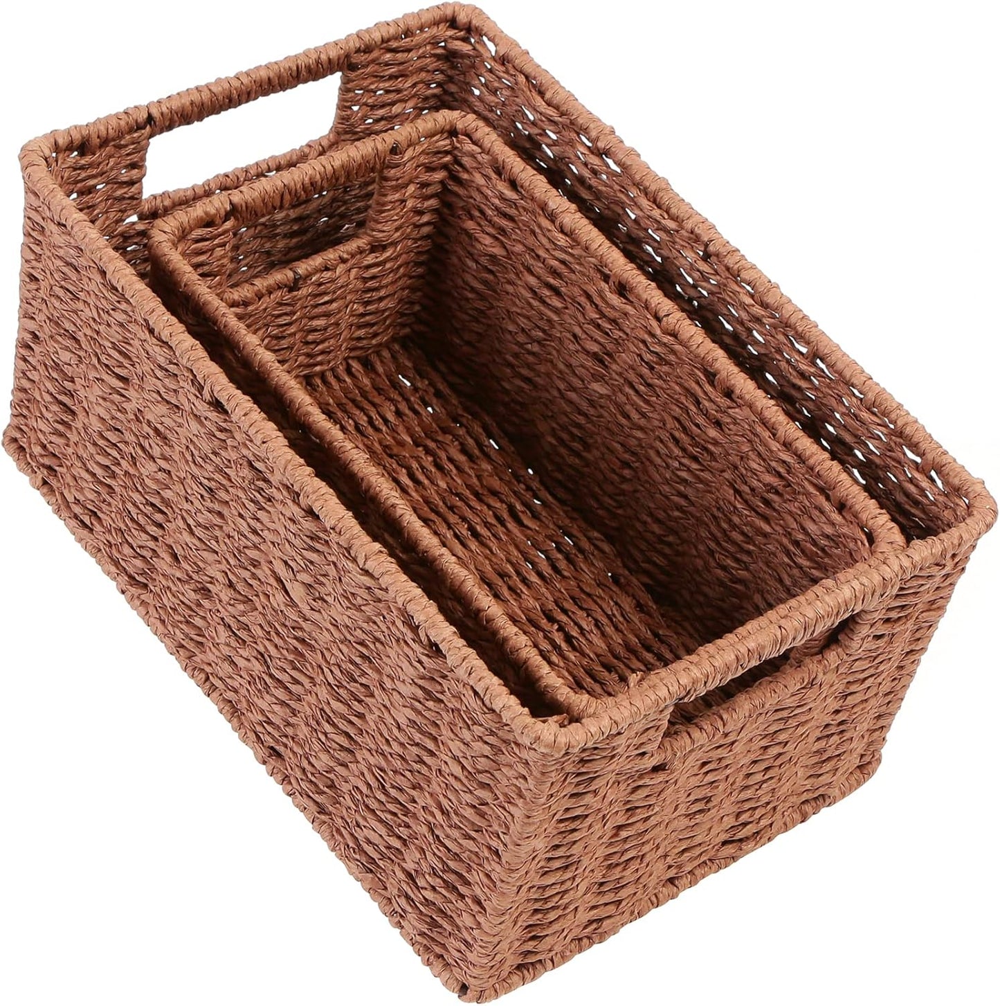 HOONEX Woven Baskets for Storage, Paper Rope Baskets with Sturdy Metal Wire Frame, Baskets for Shelves, Set of 2, Dark Brown
