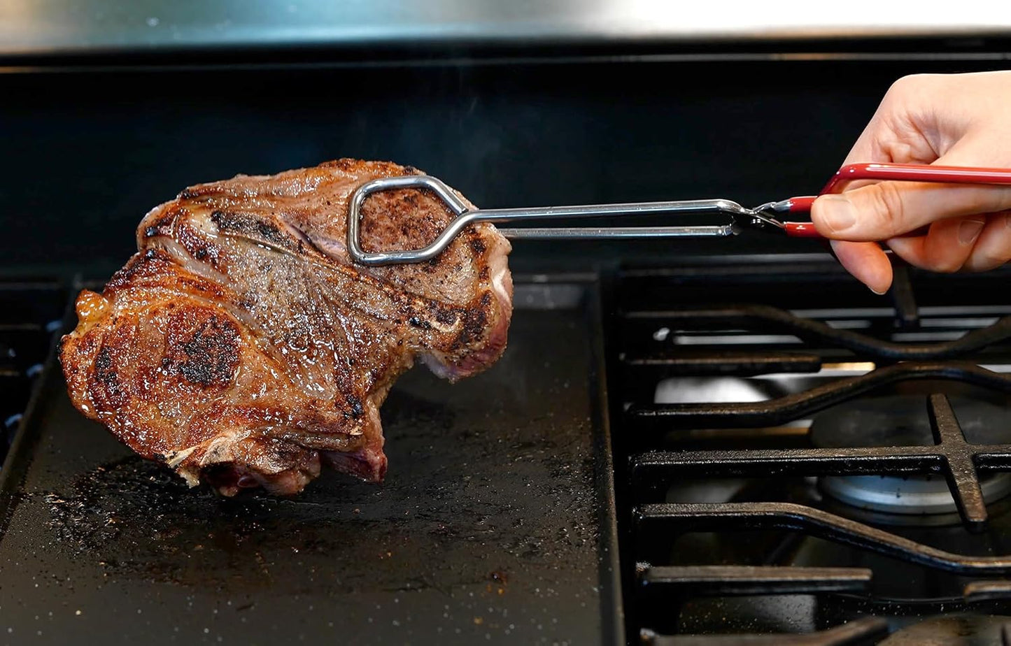 10-Inch Heavy Duty Stainless Steel Kitchen Tongs - Non-Slip Comfortable Red Grip, Scissor Design, Heat Resistant for BBQ and Cooking, Set of 2