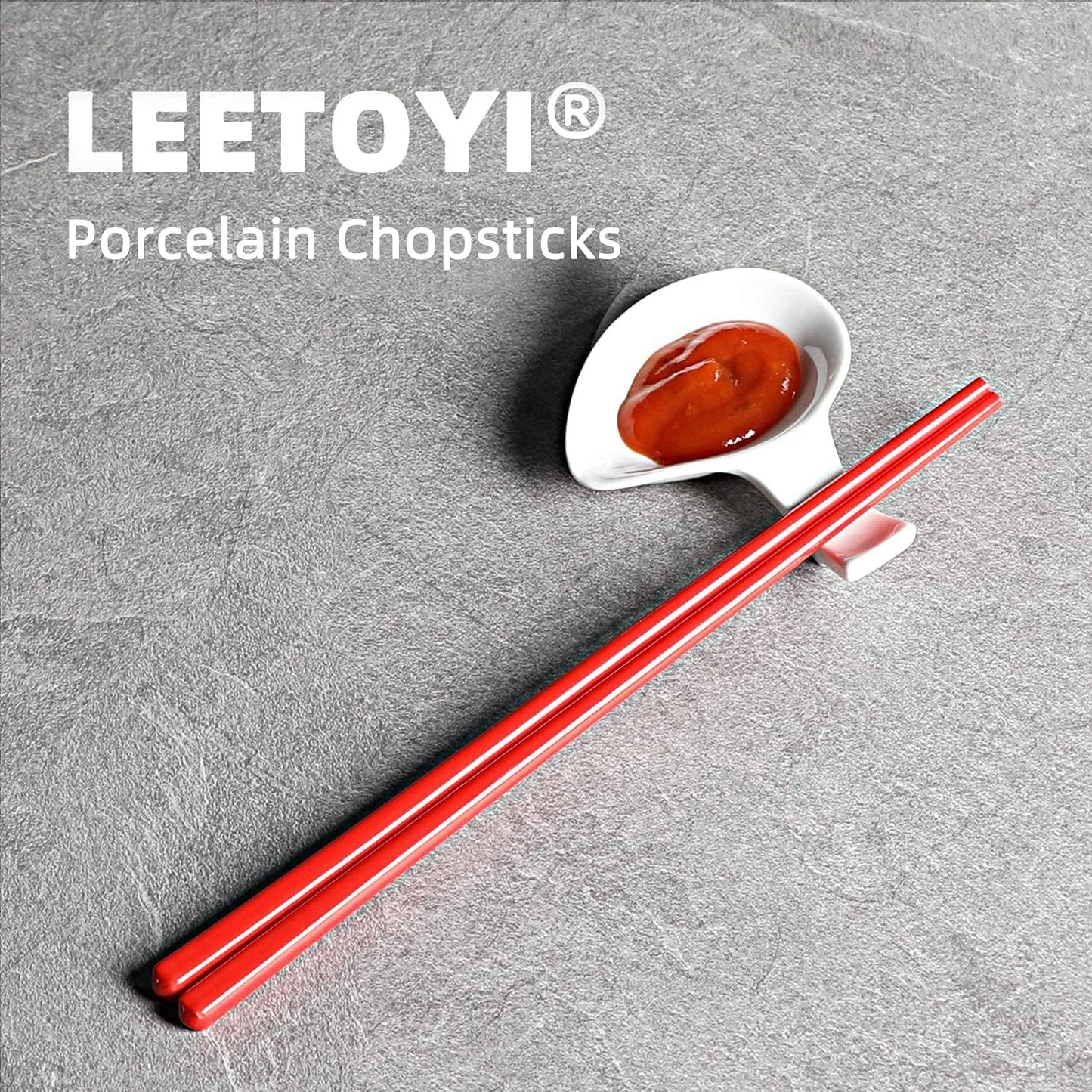 LEETOYI Ceramic Chopsticks Set of 5, Porcelain Chinese Chopsticks Easy To Clean, 9.6-Inch (Red)