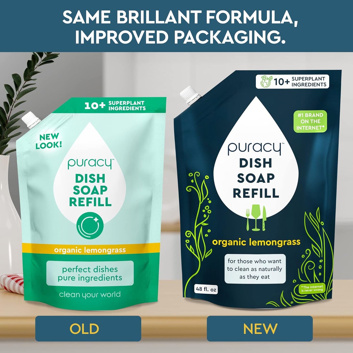 Puracy Natural Dish Soap Refill - Skin-Softening Plant-Based Liquid Dishwashing Detergent Soap, Clean-Rinsing Water-Sheeting Formula (Organic Lemongrass, 48 fl oz)