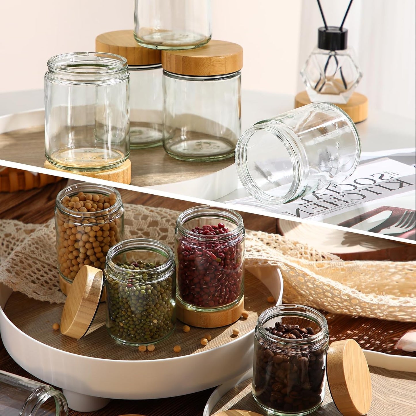 Norme 24 Pcs 8 oz Glass Jars with Lids Empty Small Glass Containers and Inner Liners Reusable Cosmetic Jars Round Airtight Bottles with Plastic Woodgrain Lids for Travel