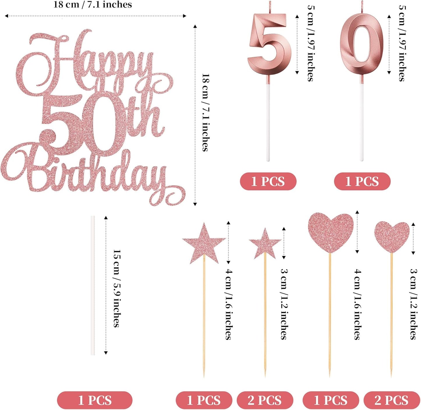 50th Birthday Cake Decorations, 50th Birthday Candles Cake Numeral Candles and Glitter Happy 50th Birthday Cake Toppers Set for Birthday Party Supplies (Rose Gold)