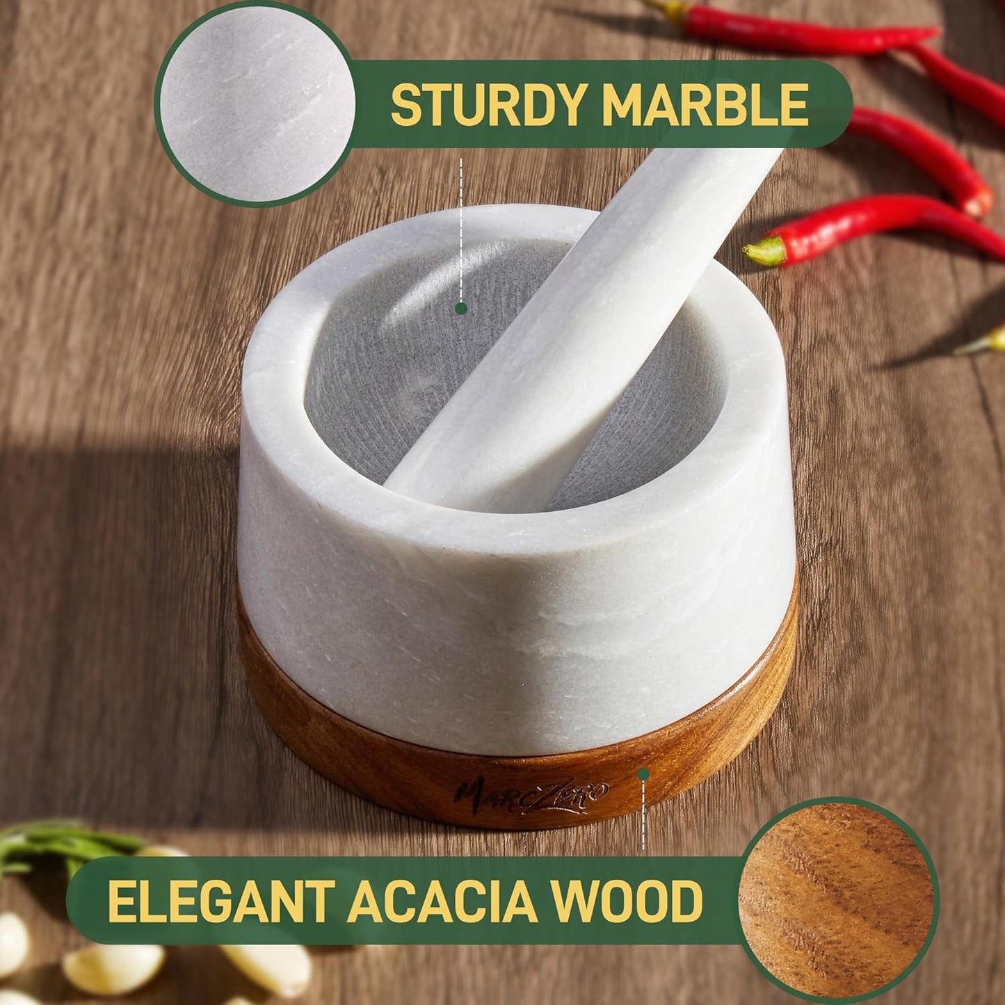 MarcZero 6inch Large Mortar and Pestle Set with Anti-Scratch Wooden Base, Heavy Duty Mortar and Pestle Made of Natural Marble(White)