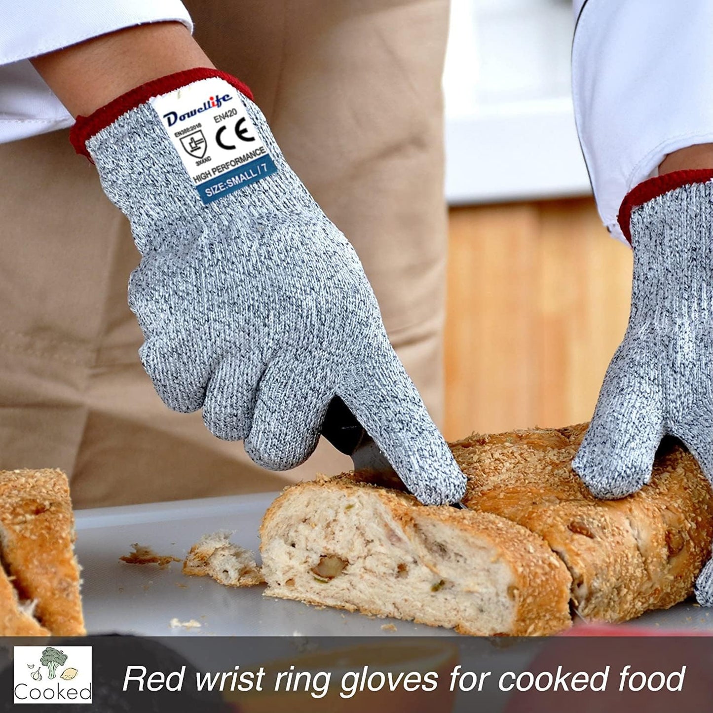 Dowellife Cut Resistant Gloves Food Grade Level 5 Protection, Safety Kitchen Cuts Gloves for Oyster Shucking, Fish Fillet Processing, Mandolin Slicing, Meat Cutting and Wood Carving. (Medium-2 Pairs)