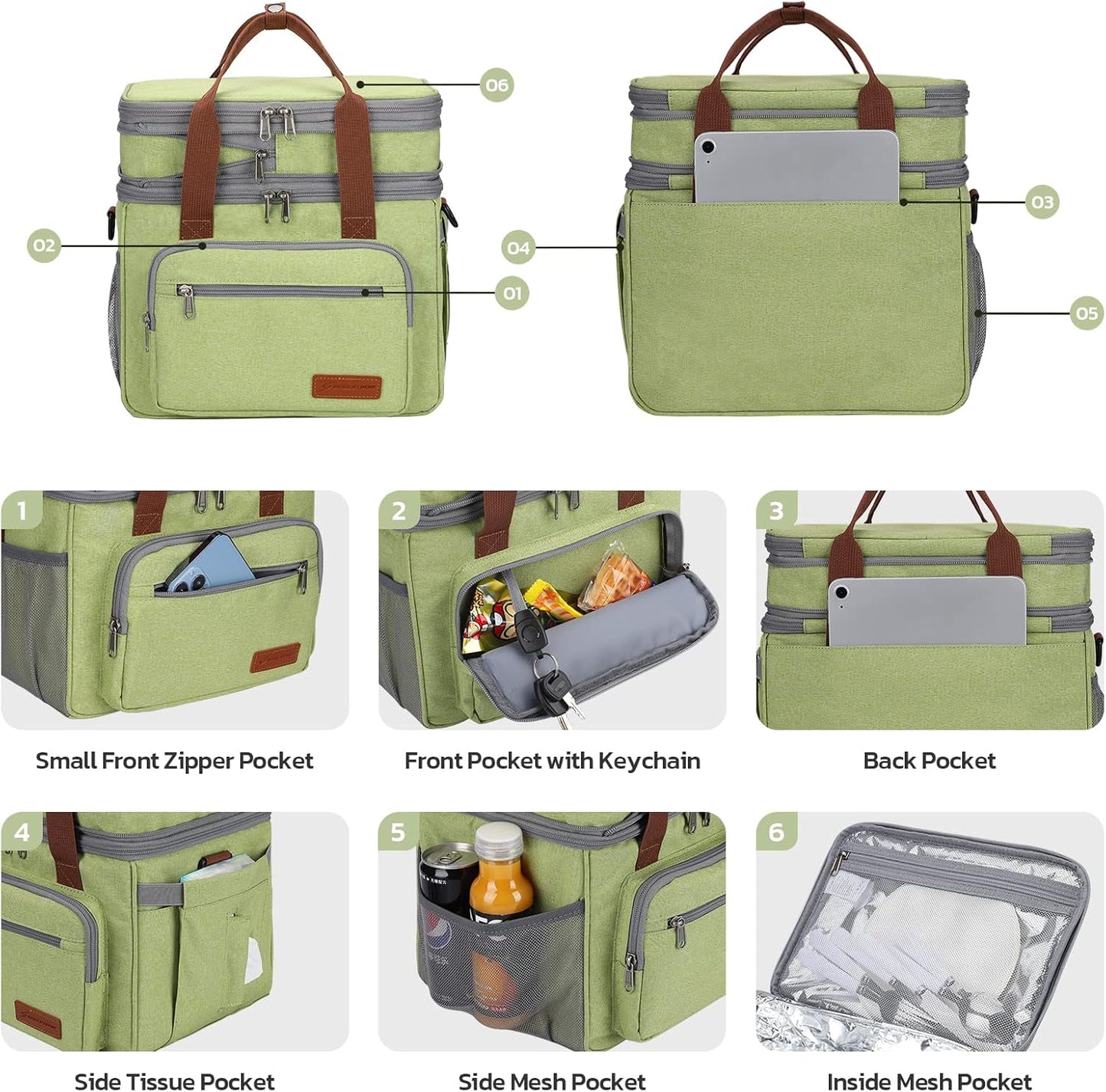 Maelstrom Lunch Bag Women,23L Insulated Lunch Box For Men Women,Expandable Double Deck Lunch Cooler Bag,Lightweight Leakproof Lunch Tote Bag With Side Tissue Pocket,Green